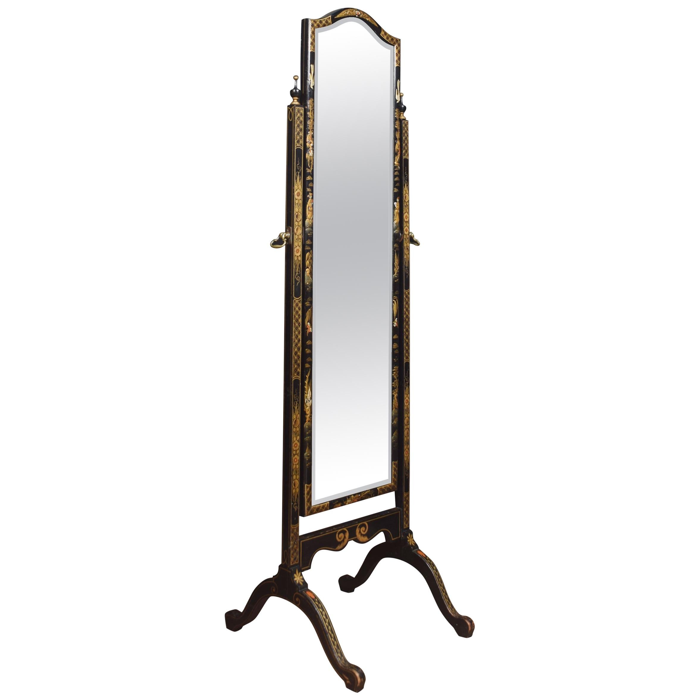 Black Japanned and Parcel-Gilt Cheval Mirror