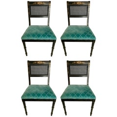 Black Japanned Gold Chinoiserie Cane Chairs, Set of Four