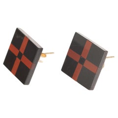 Black Jasper 14 Karat Gold Stud Square Red Cross Modern Chic Earrings