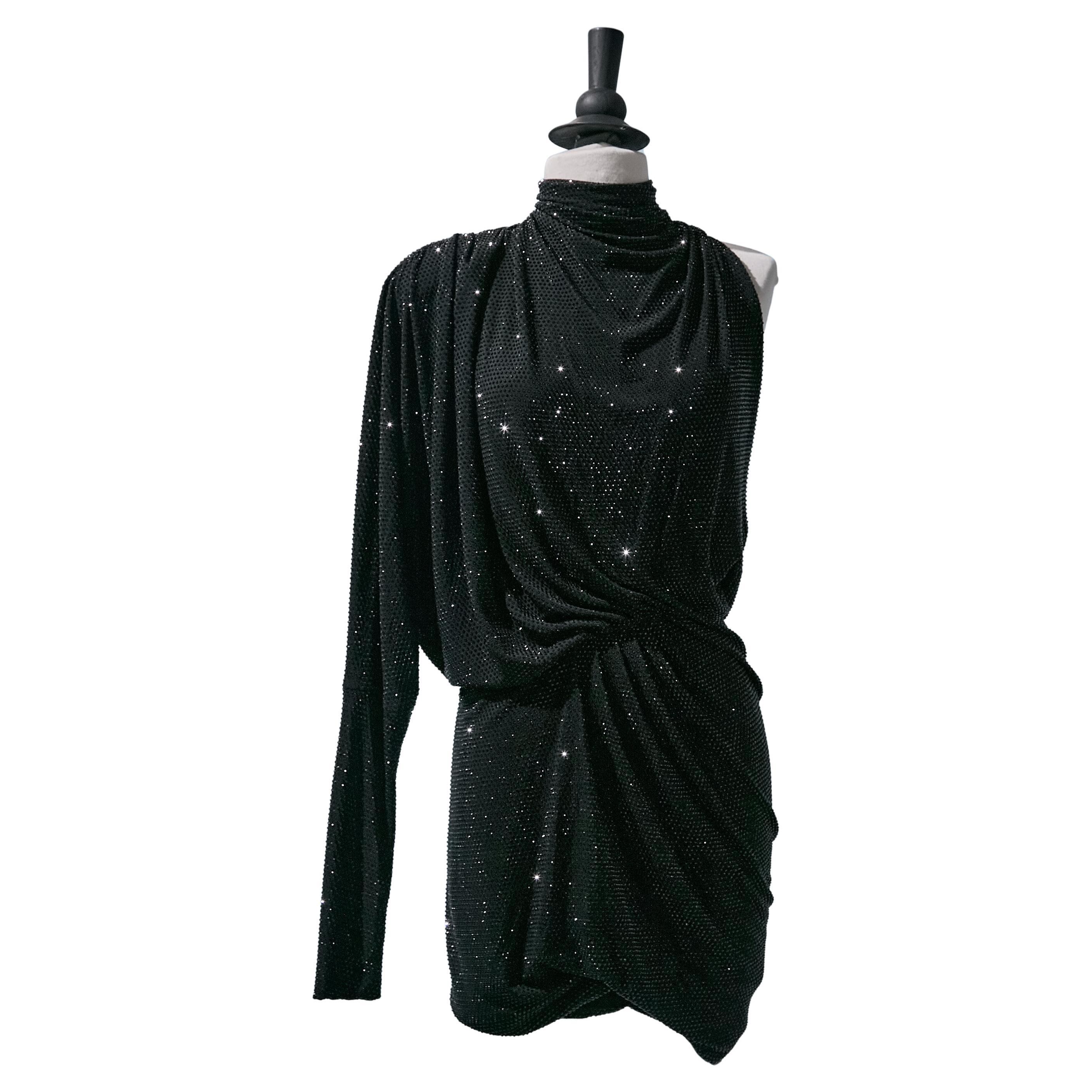 Mini abito drappeggiato asimmetrico in jersey nero con strass ALEXANDRE VAUTHIER