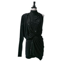 Mini abito drappeggiato asimmetrico in jersey nero con strass ALEXANDRE VAUTHIER