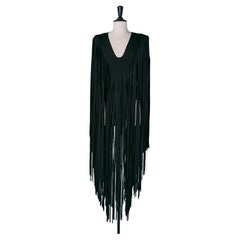 Black jersey body-suit with fringes and V neckline ALEXANDRE VAUTHIER