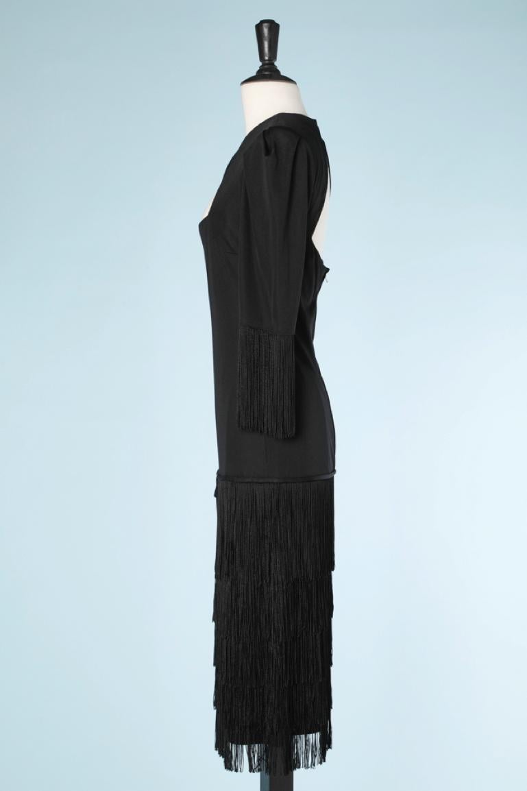 Black jersey cocktail dress with fringes Loris Azzaro  In Excellent Condition For Sale In Saint-Ouen-Sur-Seine, FR