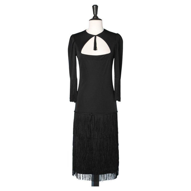 Black jersey cocktail dress with fringes Loris Azzaro For Sale at 1stDibs | black  dress with fringes, loris zip