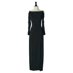 Black jersey evening dress with rhinestone embellishment on the sleeve TADASHI