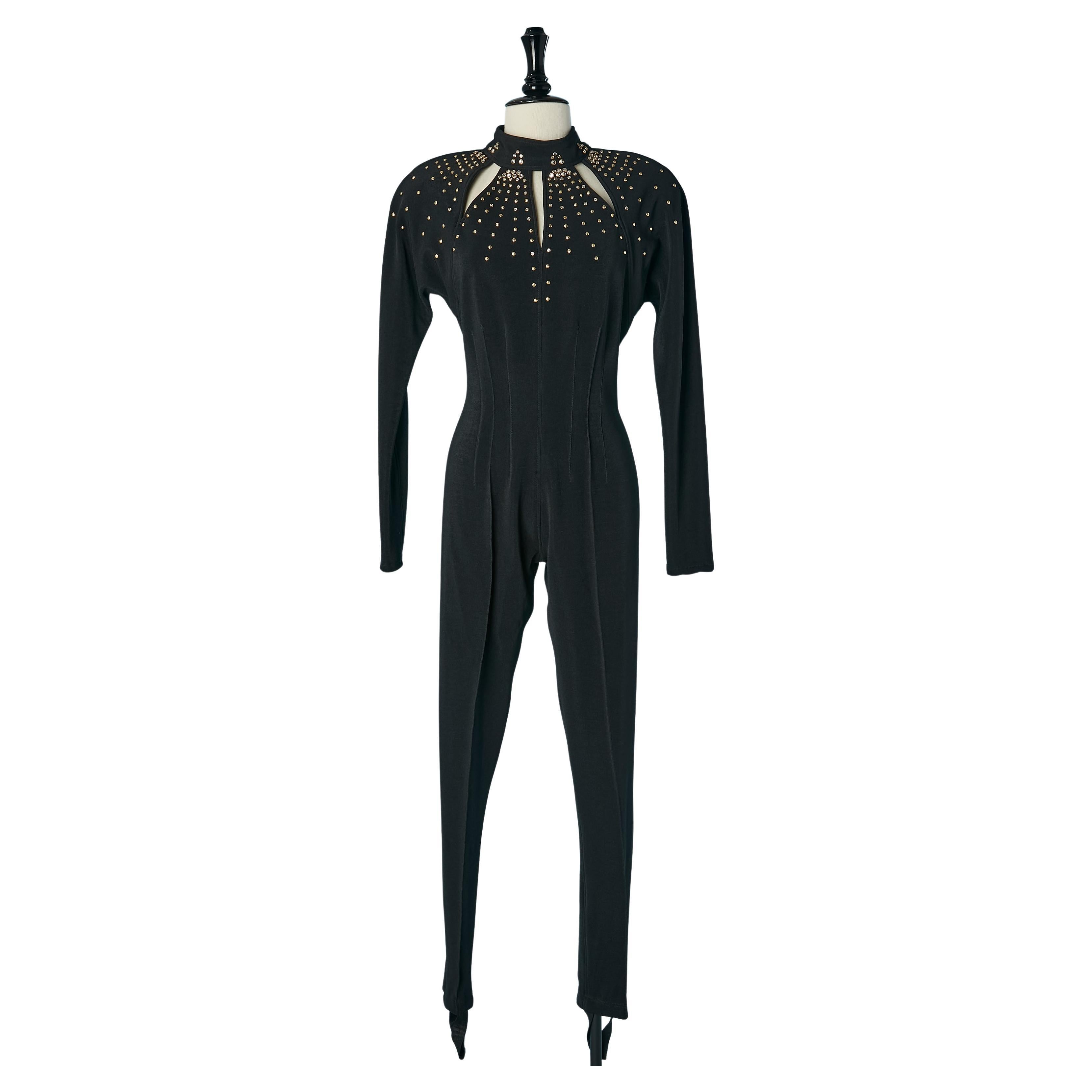 Black jersey jumpsuit with gold metal stud embellishment BATYA