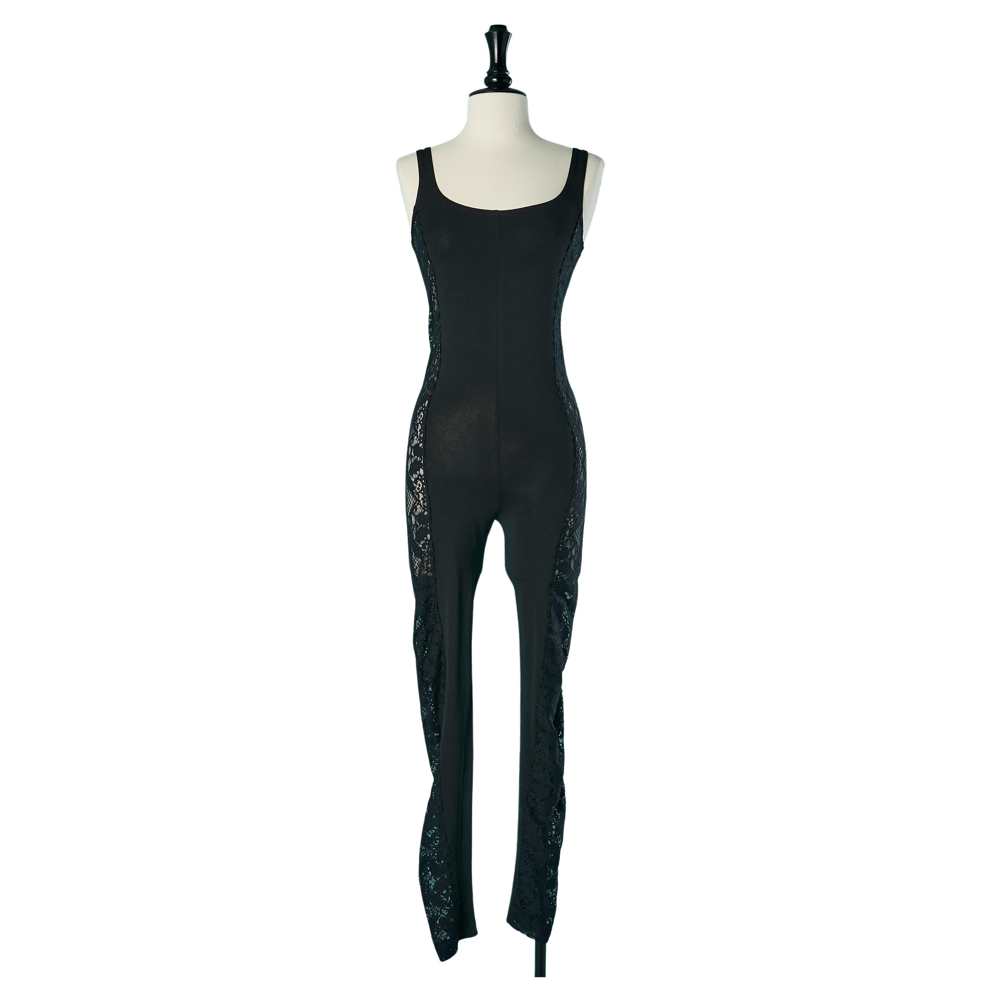 Black jersey jumpsuit with see-throught side in black lace Versace 