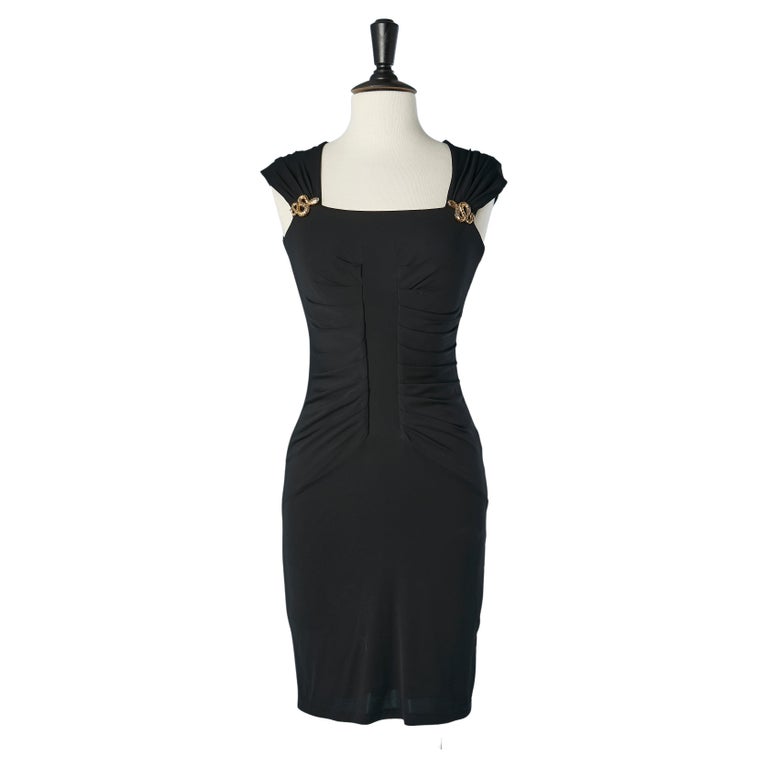 2000S JUST CAVALLI Black Jersey Ruched Ruffle Front Slinky Cocktail Dress  Sz 42 For Sale at 1stDibs