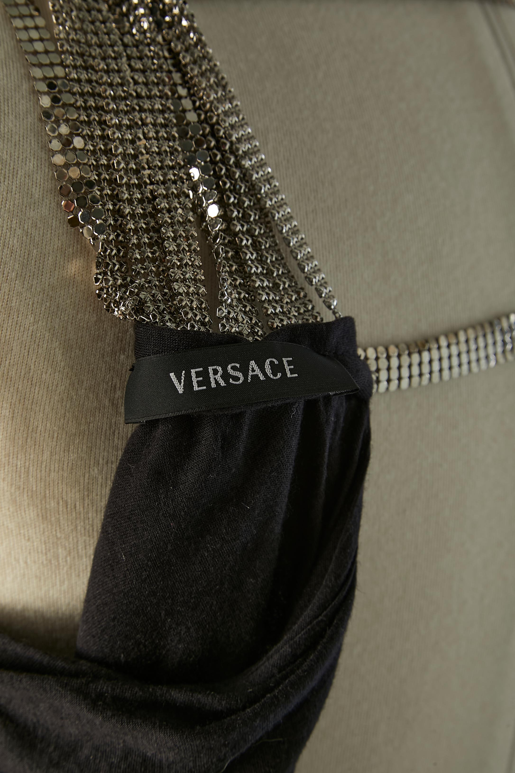 Black jersey sleeveless top with chainmail details on the shoulders Versace For Sale 2