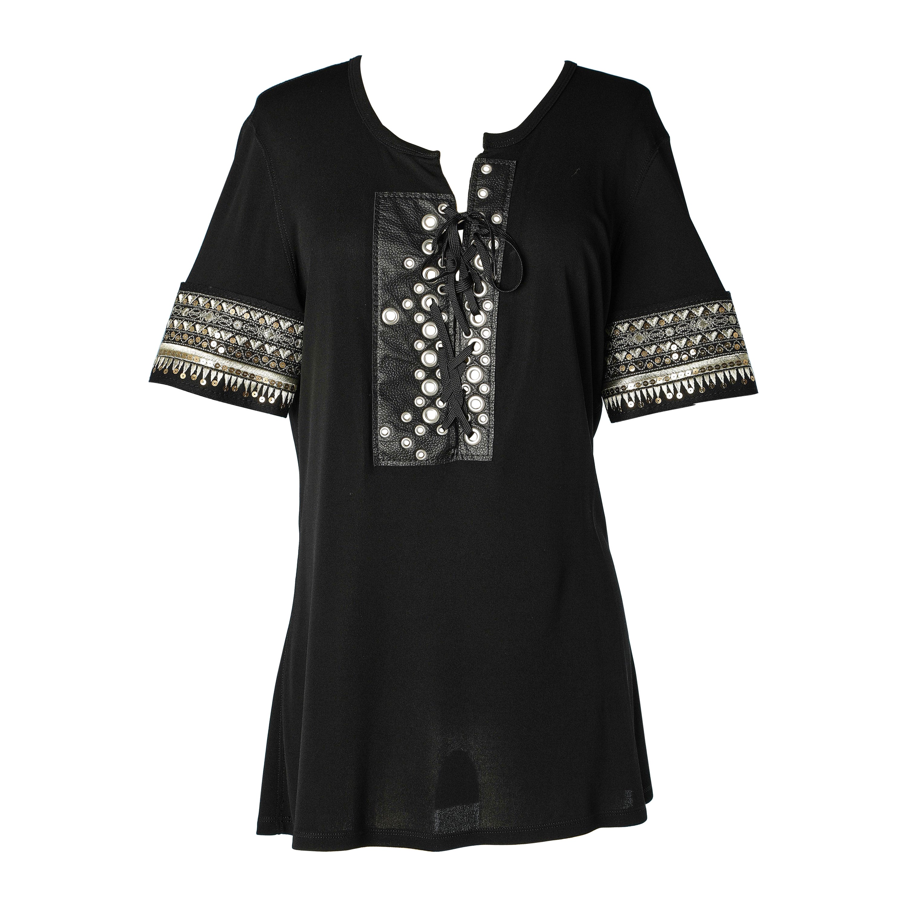 Top in jersey nero con allacciatura sul davanti e maniche ricamate Jean Paul Gaultier Jeans