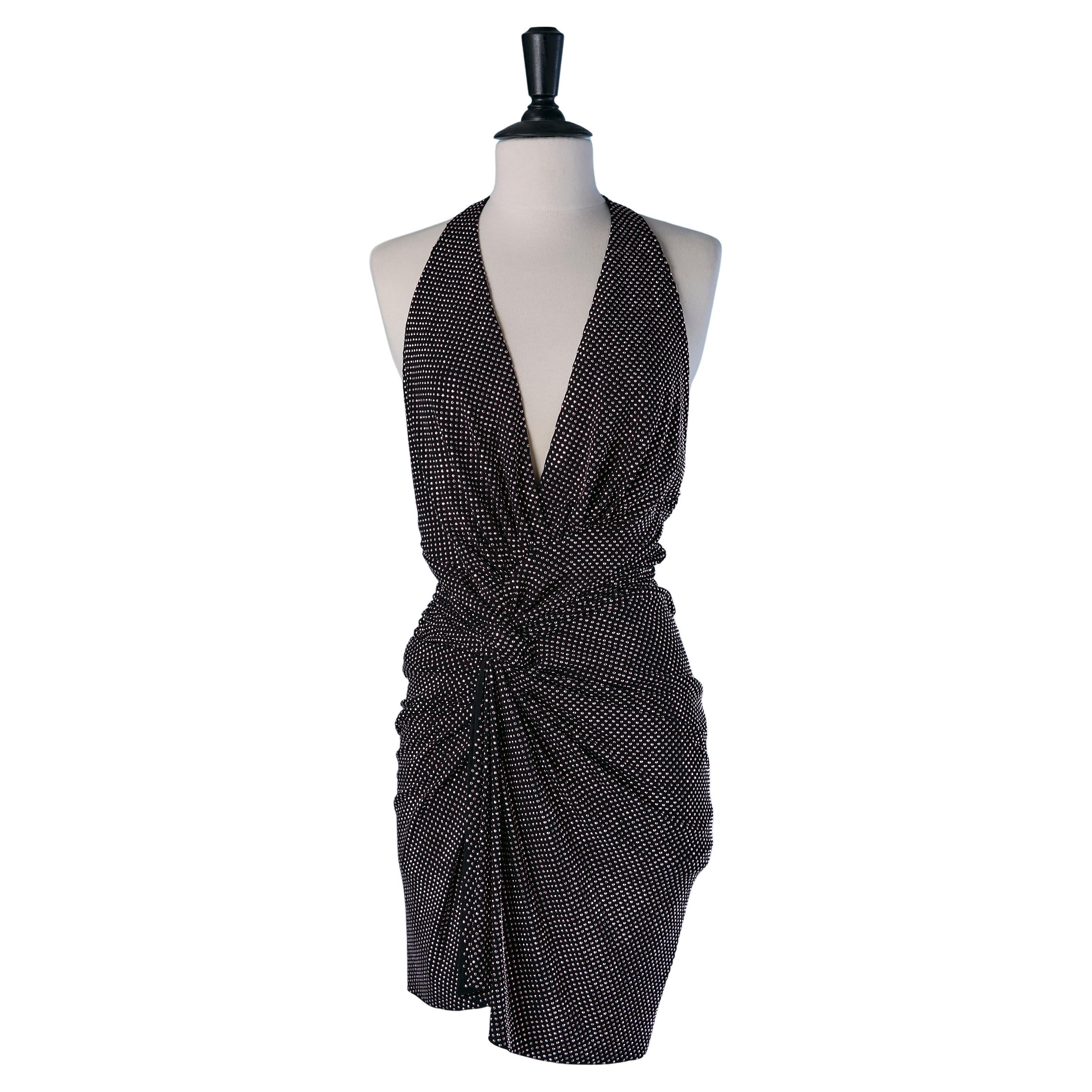 Robe de cocktail enveloppante en jersey noir avec clous métalliques roses ALEXANDRE VAUTHIER