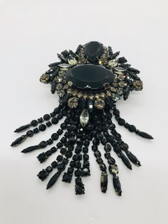 Black Jet and Black Diamond Austrian Crystal Fringed Brooch