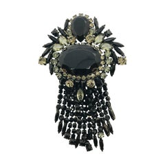 Black Jet and Black Diamond Austrian Crystal Fringed Brooch