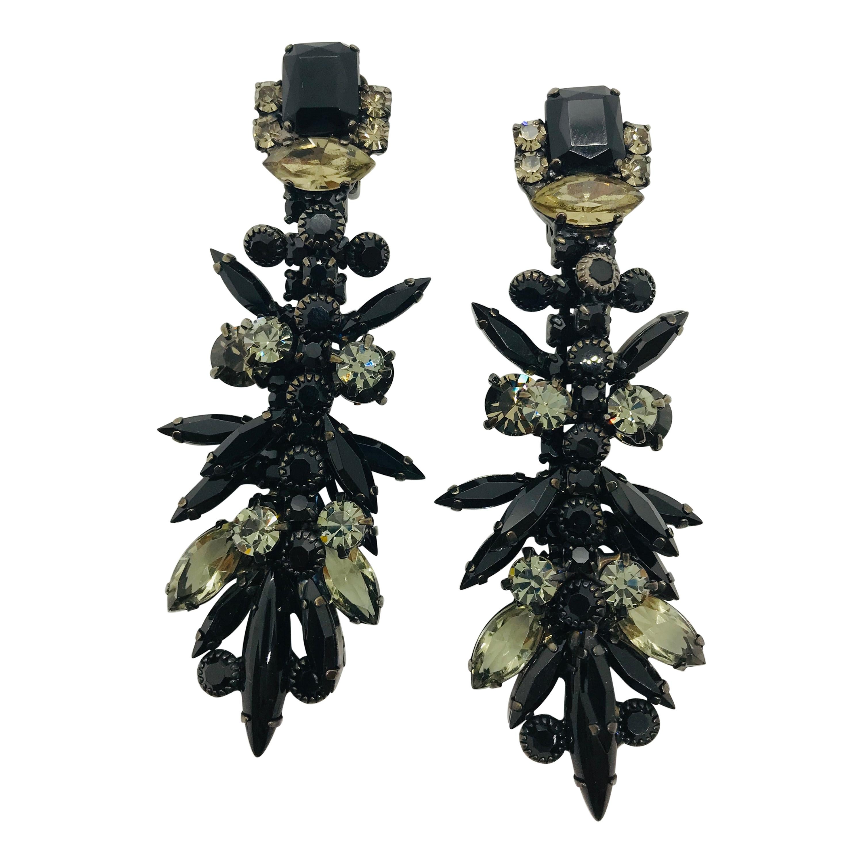 Black Jet and Black Diamond Austrian Crystal Layered Chandelier Earrings For Sale