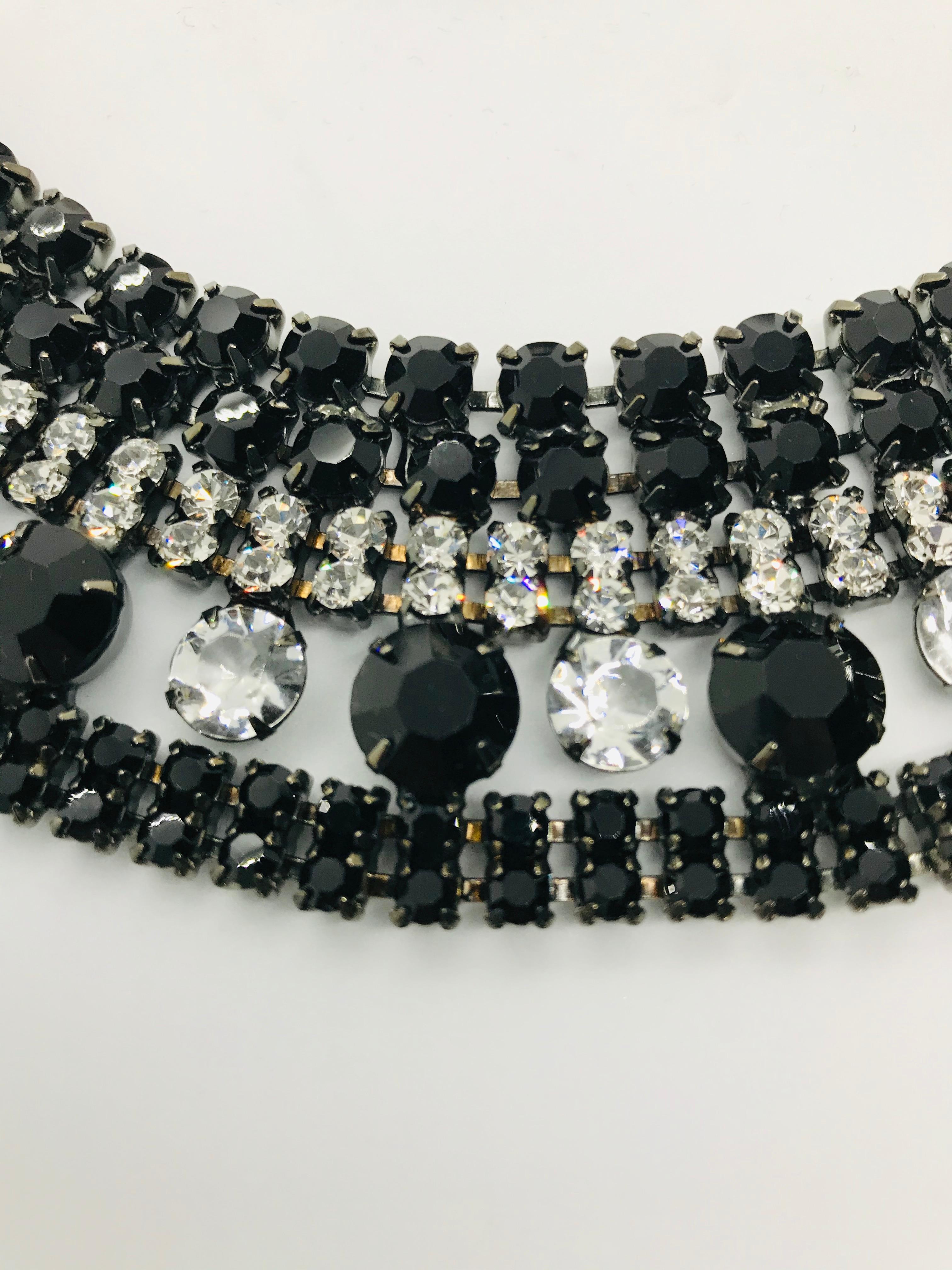 Art Deco Black Jet and Clear Austrian Crystal Petite Cleopatra Collar Necklace For Sale