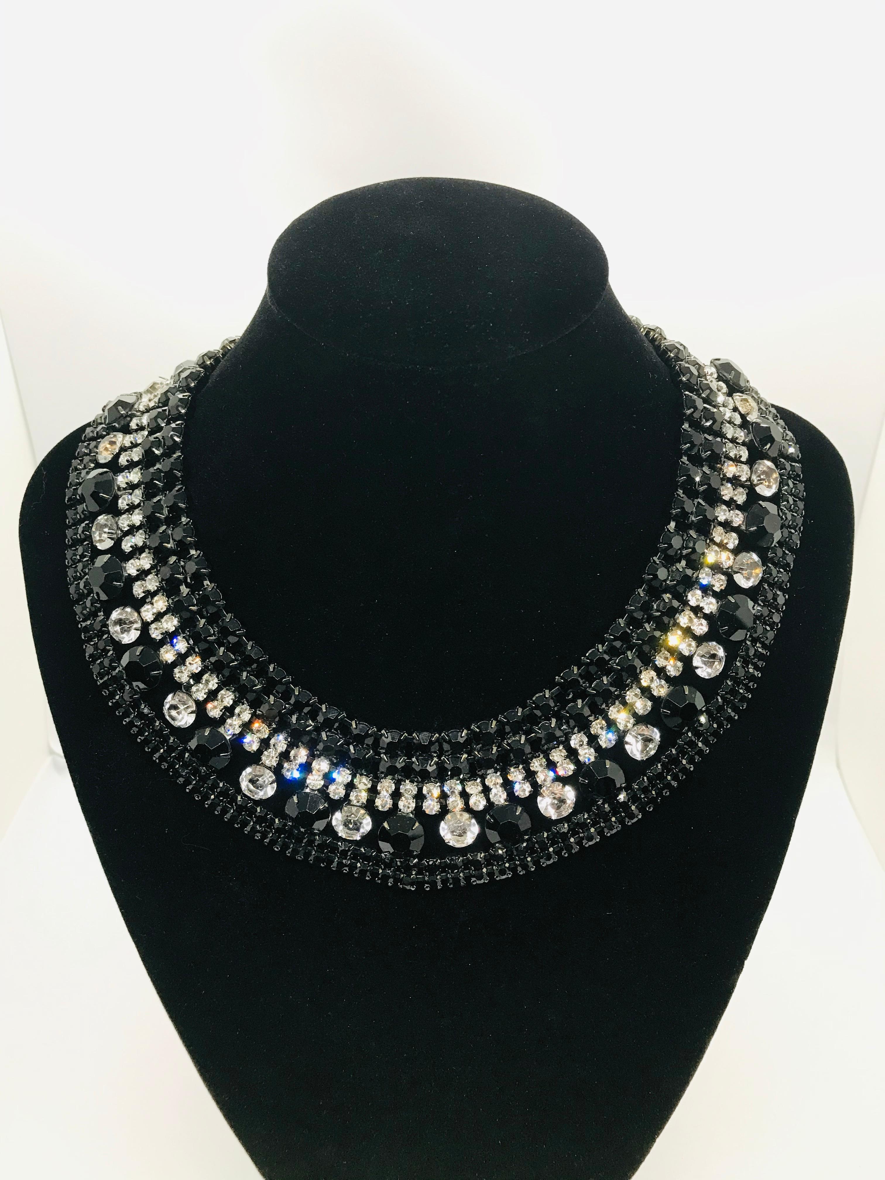Round Cut Black Jet and Clear Austrian Crystal Petite Cleopatra Collar Necklace For Sale