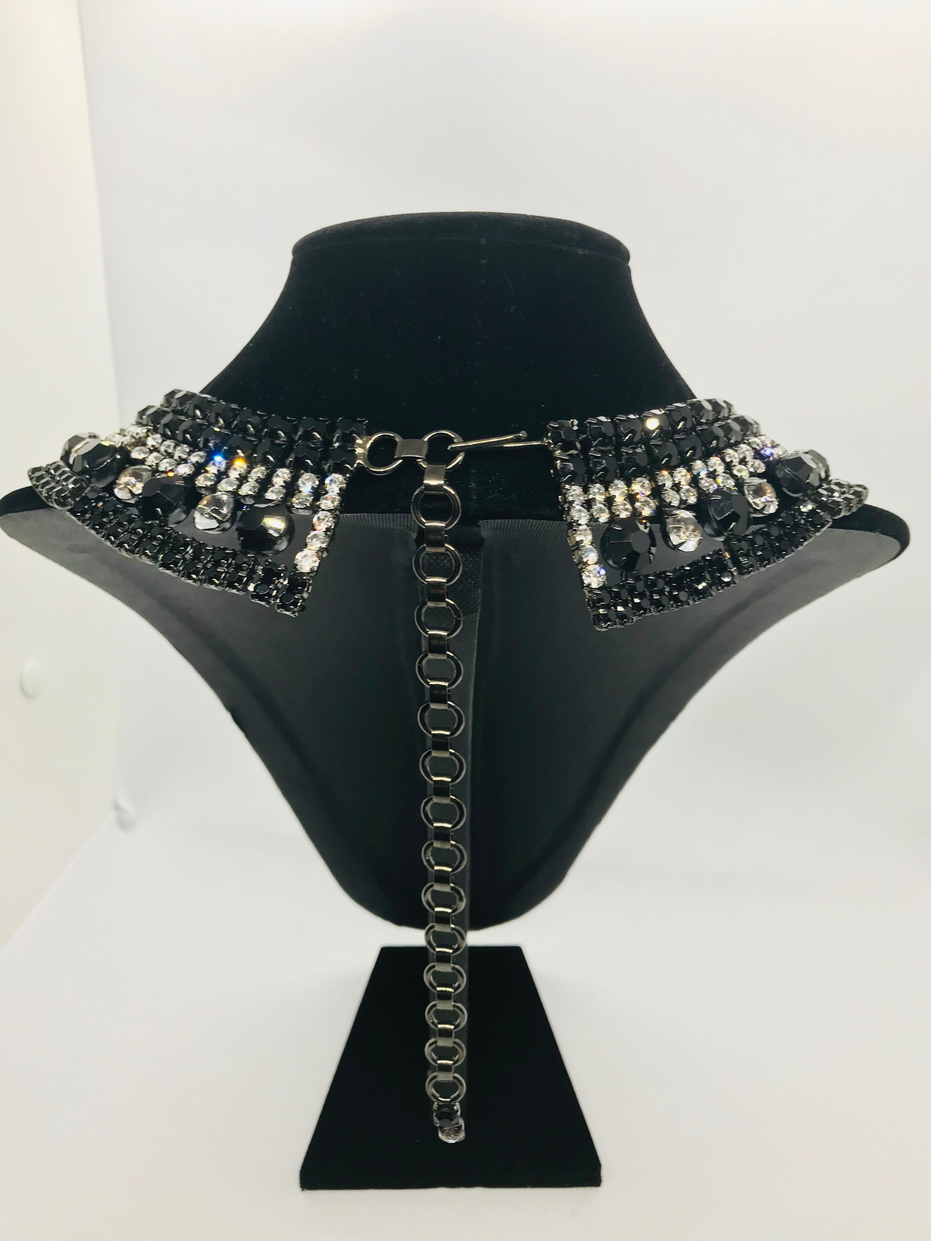 Women's Black Jet and Clear Austrian Crystal Petite Cleopatra Collar Necklace For Sale