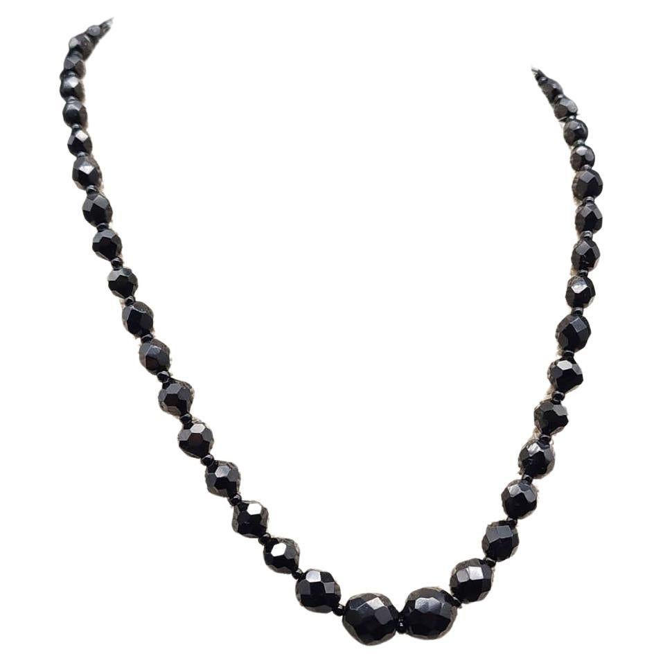Black Jet Faceted Graduated Bead Necklace West Germany Vintage, Brass Tone Clasp