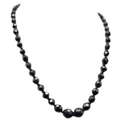 Black Jet Faceted Graduated Bead Necklace West Germany Vintage, Brass Tone Clasp