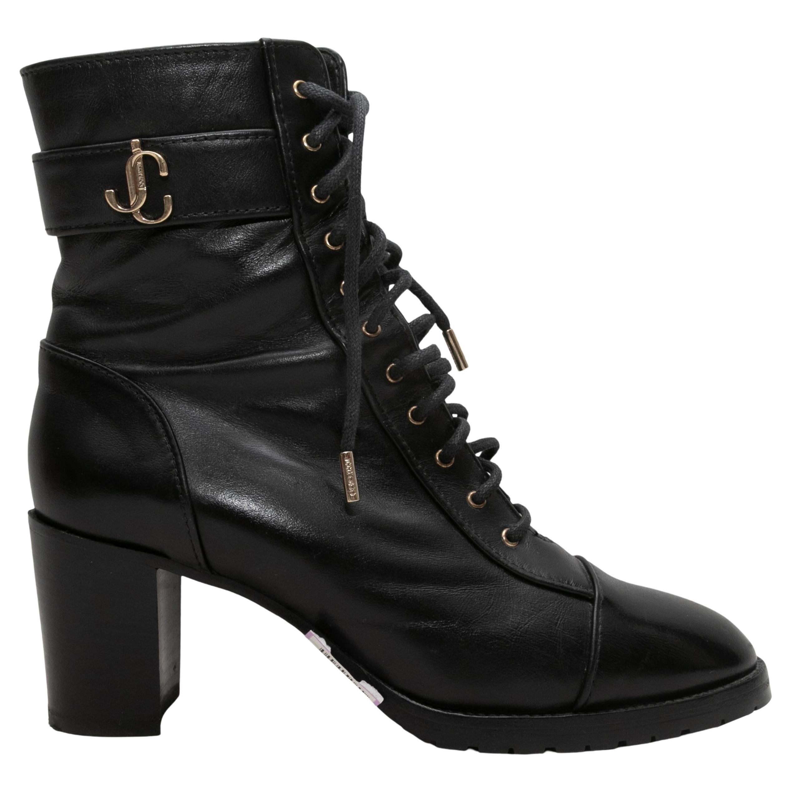 Black Jimmy Choo Lace-Up Heeled Ankle Boots Size 37.5 For Sale