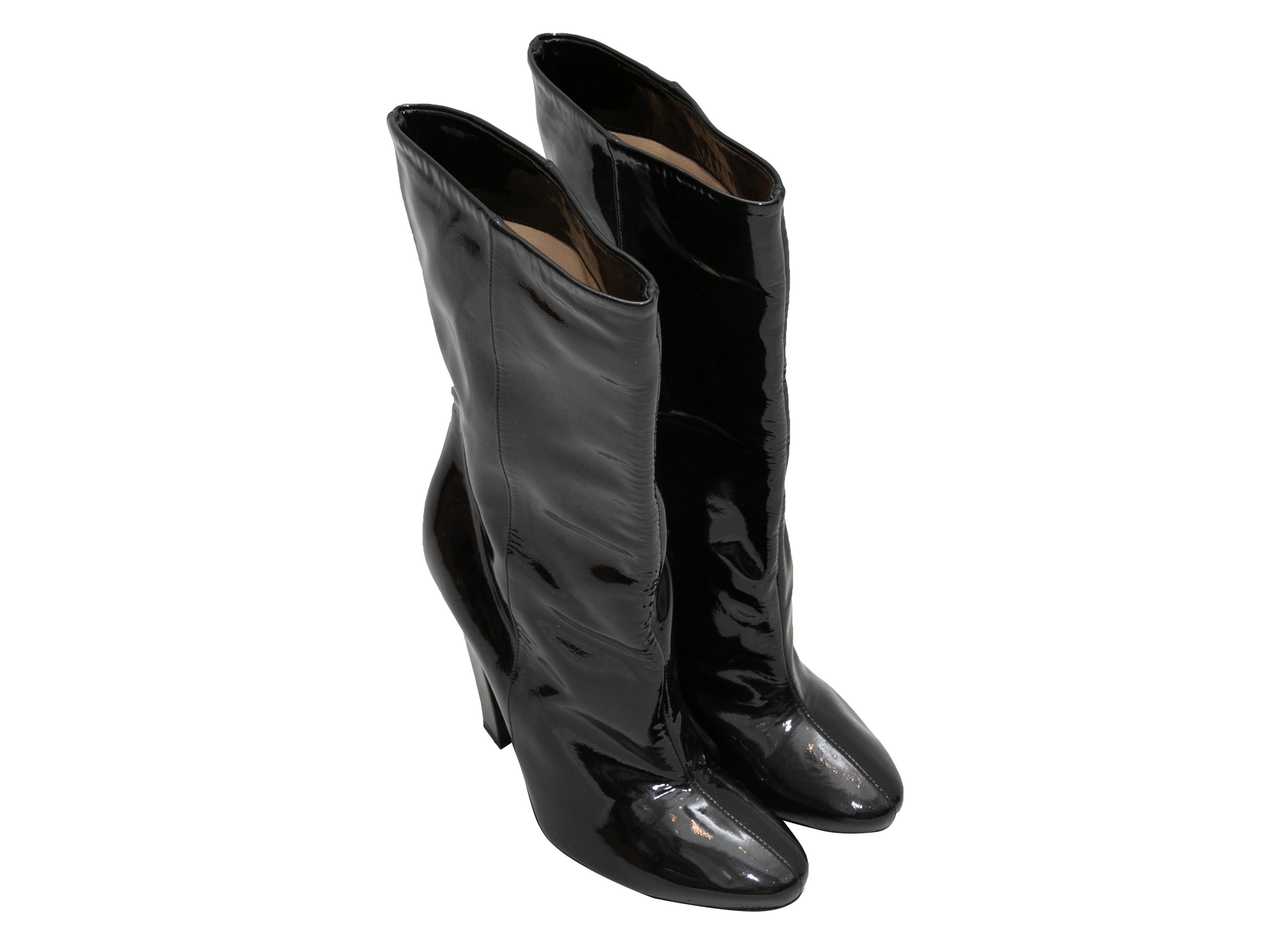 Black patent leather mid-calf boots by Jimmy Choo. Block heels. 8.25