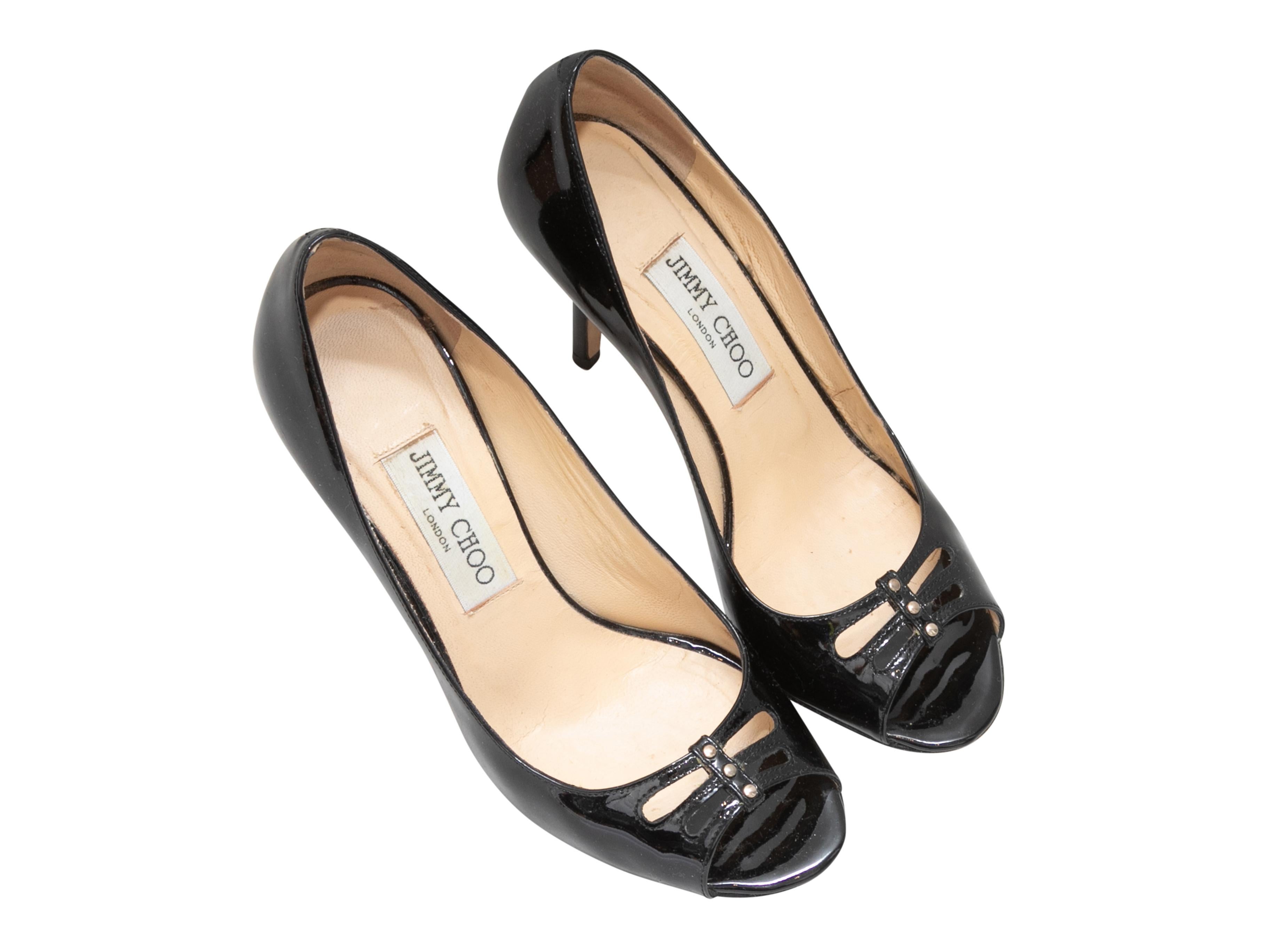 Women's Black Jimmy Choo Patent Peep-Toe Cutout Pumps Size 37.5 For Sale