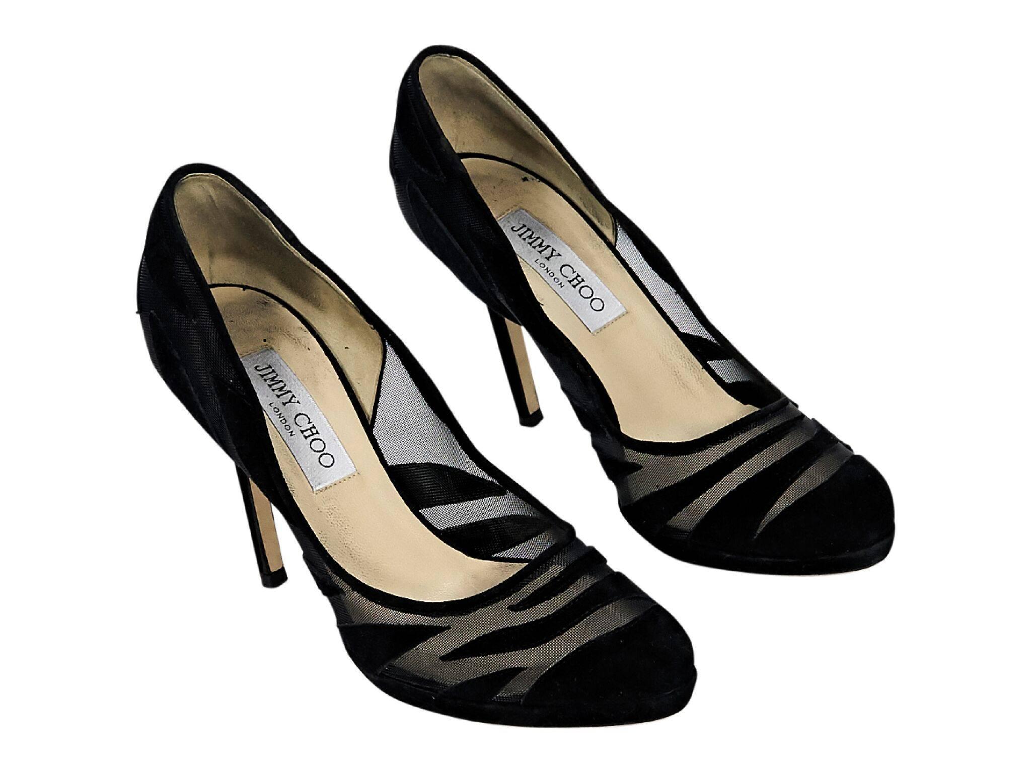 Product details:  Black suede and mesh pumps by Jimmy Choo.  Round toe.  Slip-on style. 
Condition: Pre-owned. Very good. 
Est. Retail $595