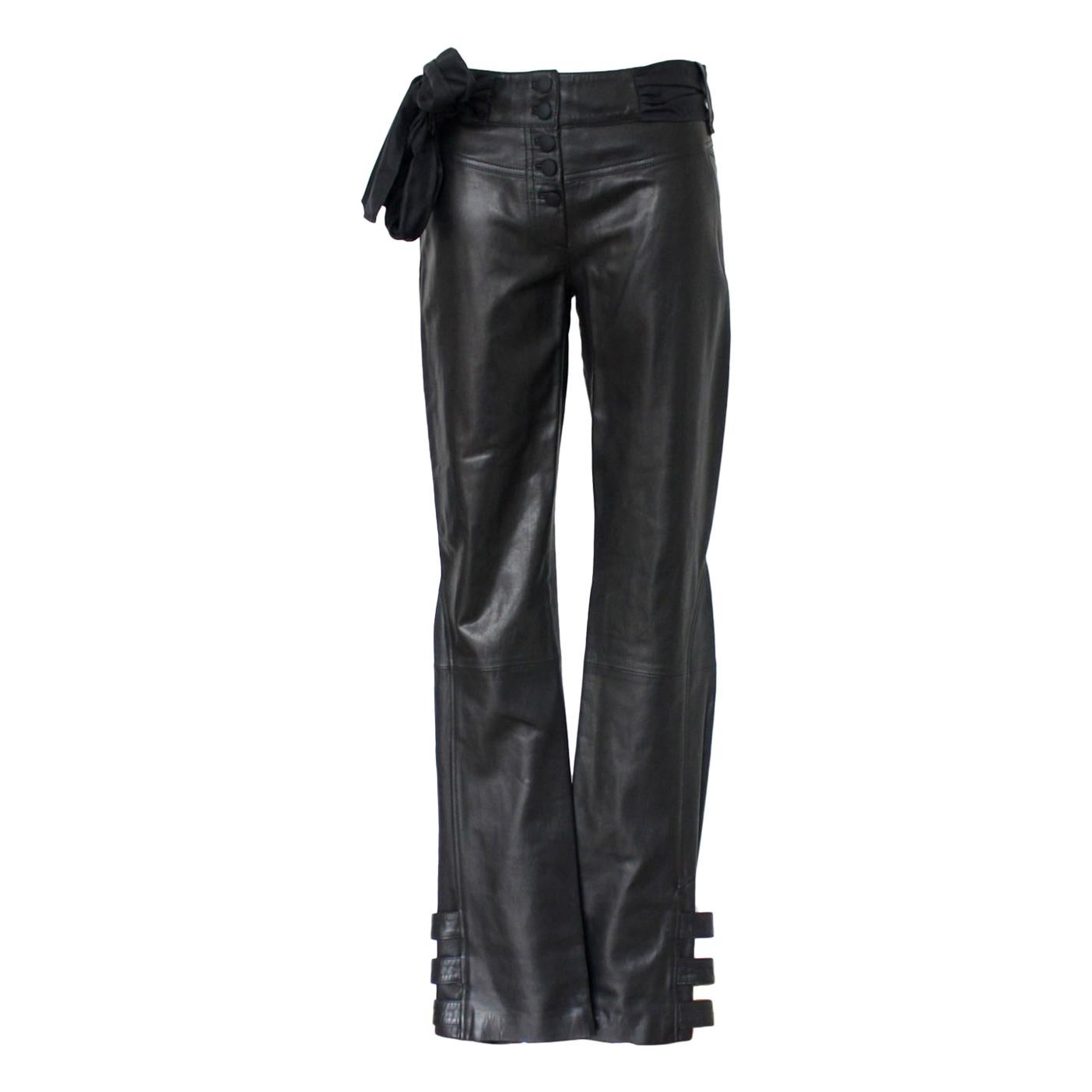 Black John Galliano Bondage Buckle Silk Lambskin Leather Pants