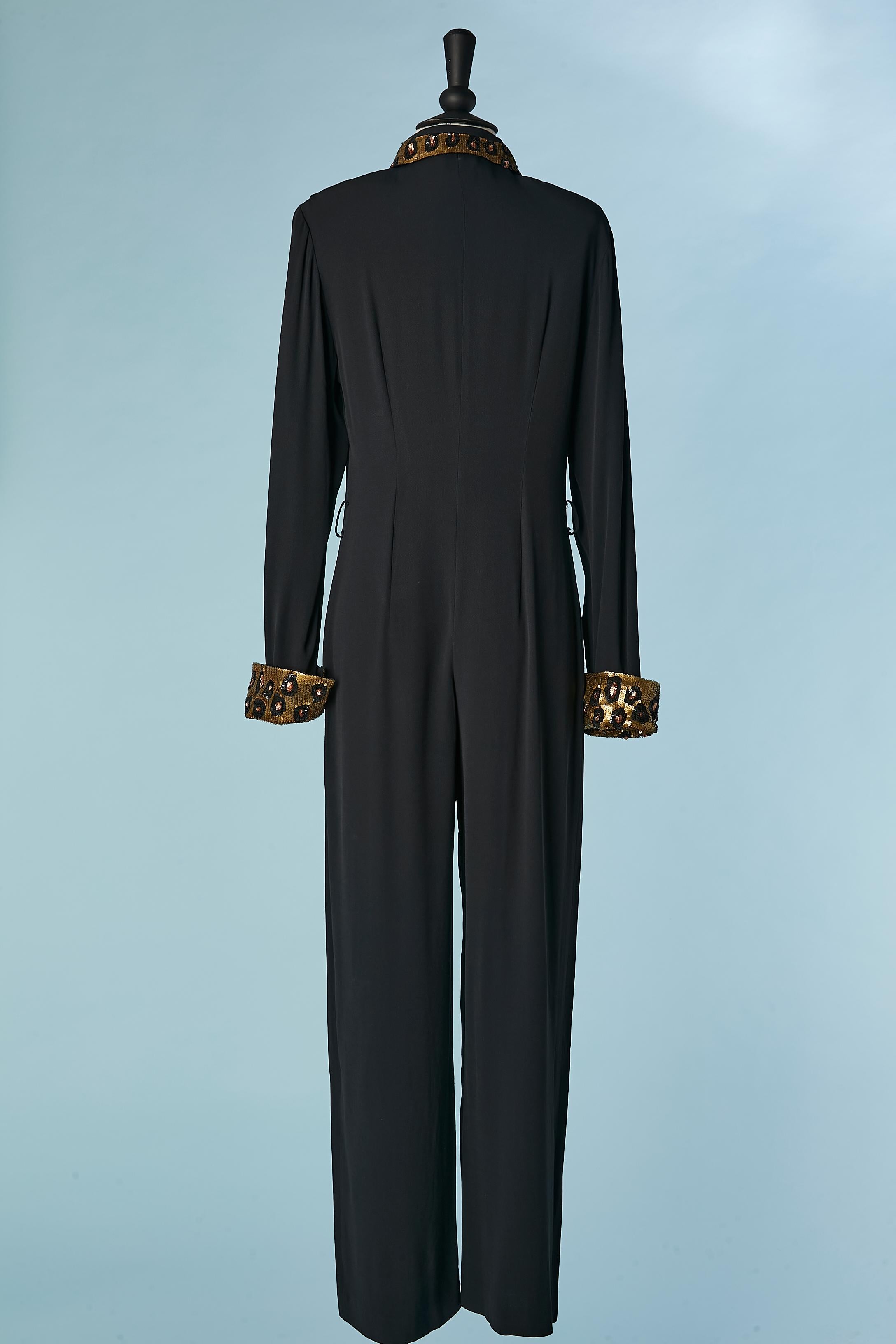 Black jumpsuit with sequin collar and cuff in leopard pattern La Perla Ritmo  For Sale 1