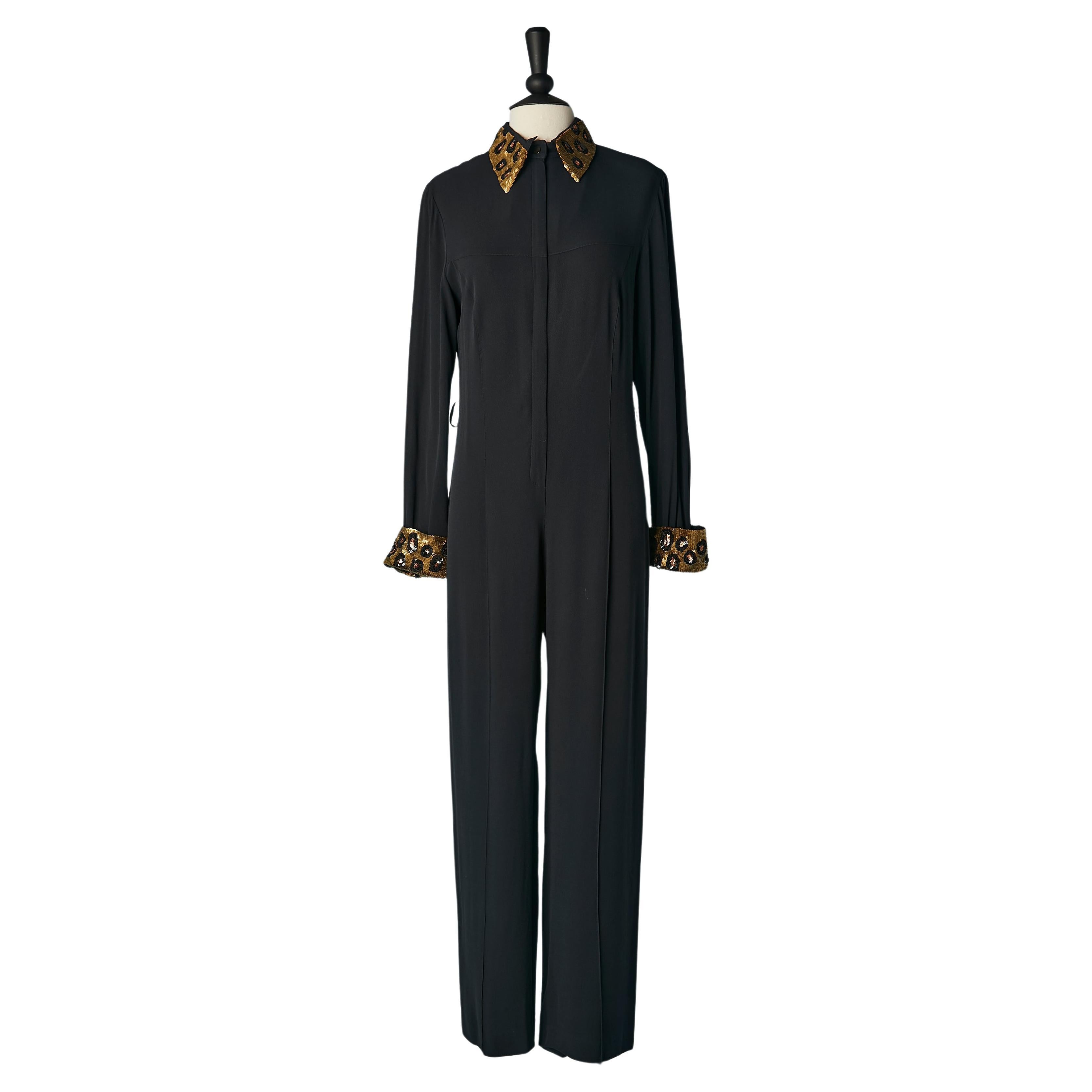 Black jumpsuit with sequin collar and cuff in leopard pattern La Perla Ritmo For Sale