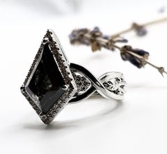 Black kite diamond ring engagement ring 18KT white gold hand engraved gothic