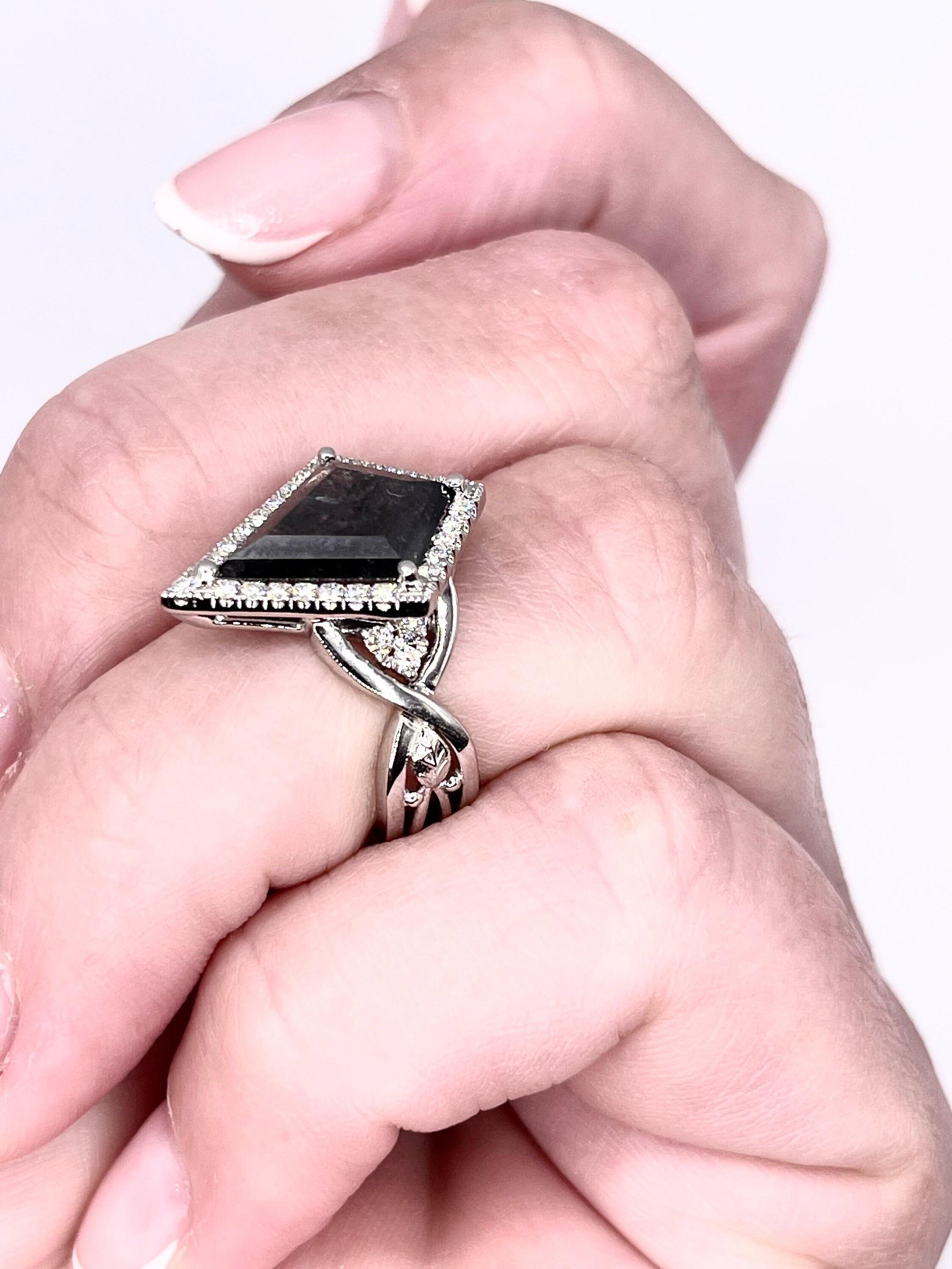 Kite Cut Black kite diamond ring engagement ring 18KT white gold hand engraved gothic For Sale