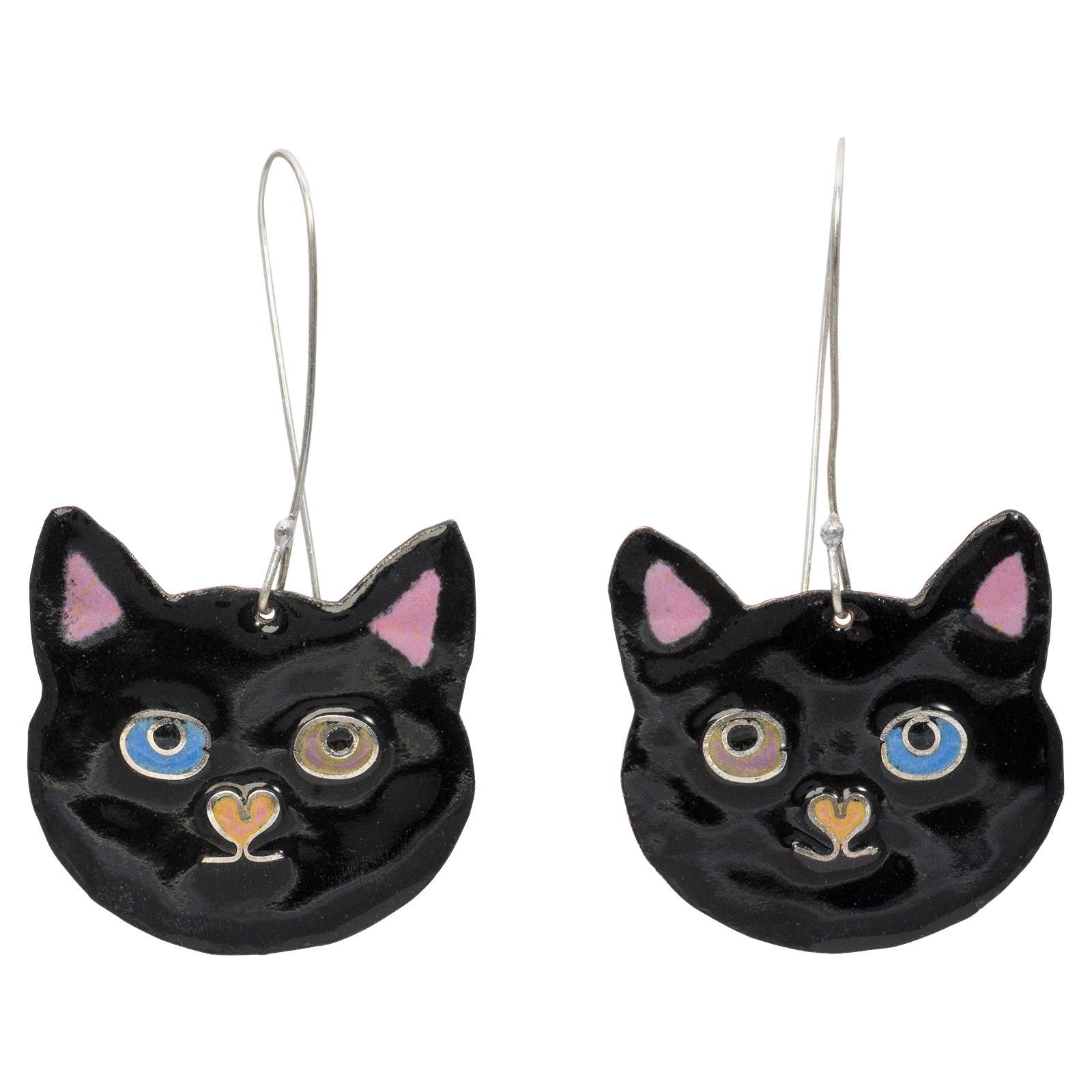Black Kitty Kat Earrings. April in Paris Designs enamel hand painted earrings. For Sale