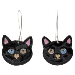 Black Kitty Kat Earrings. April in Paris Designs enamel hand painted earrings.