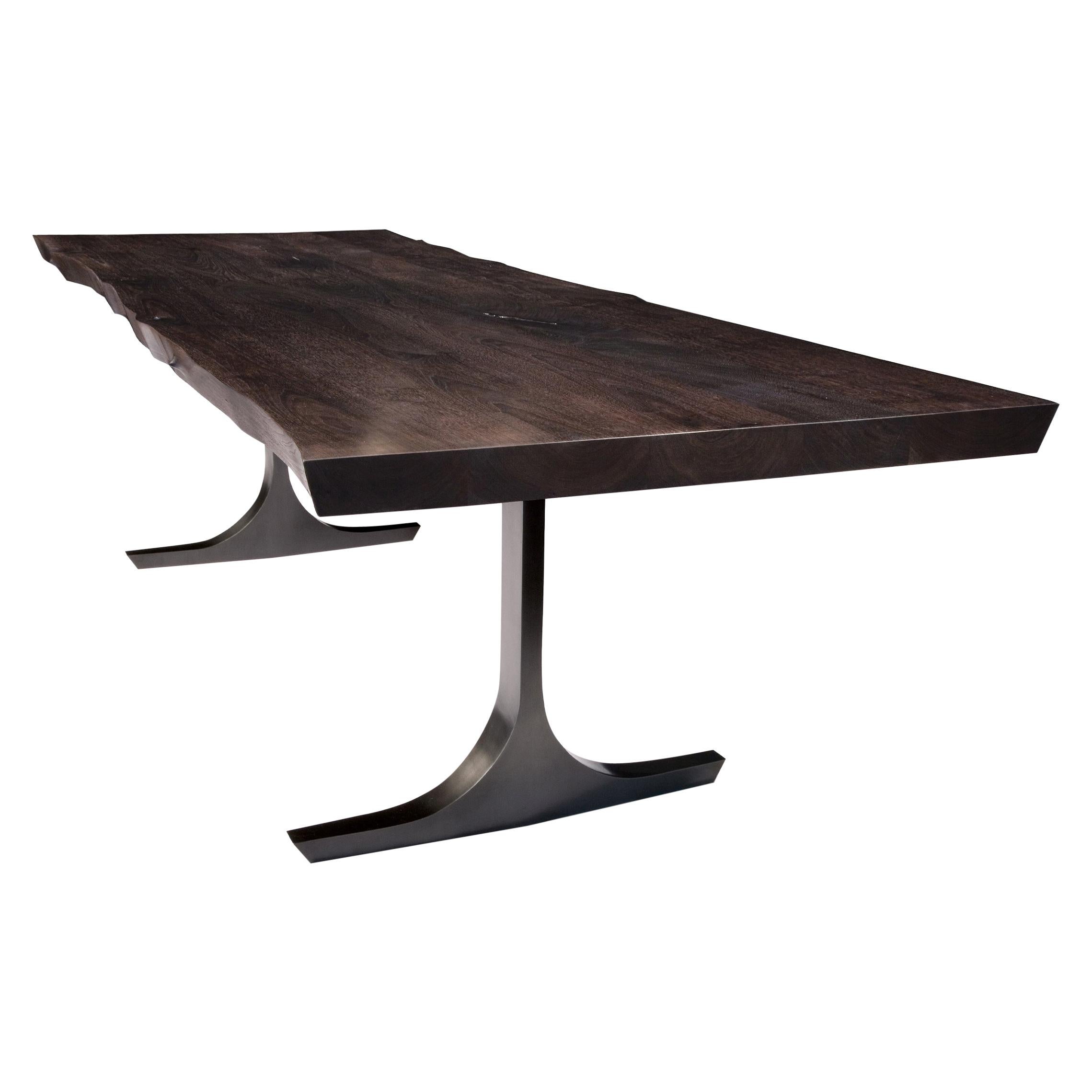 Black Knight Base Dining Table:  Refined Patina Bronze Base and Walnut Top Table For Sale