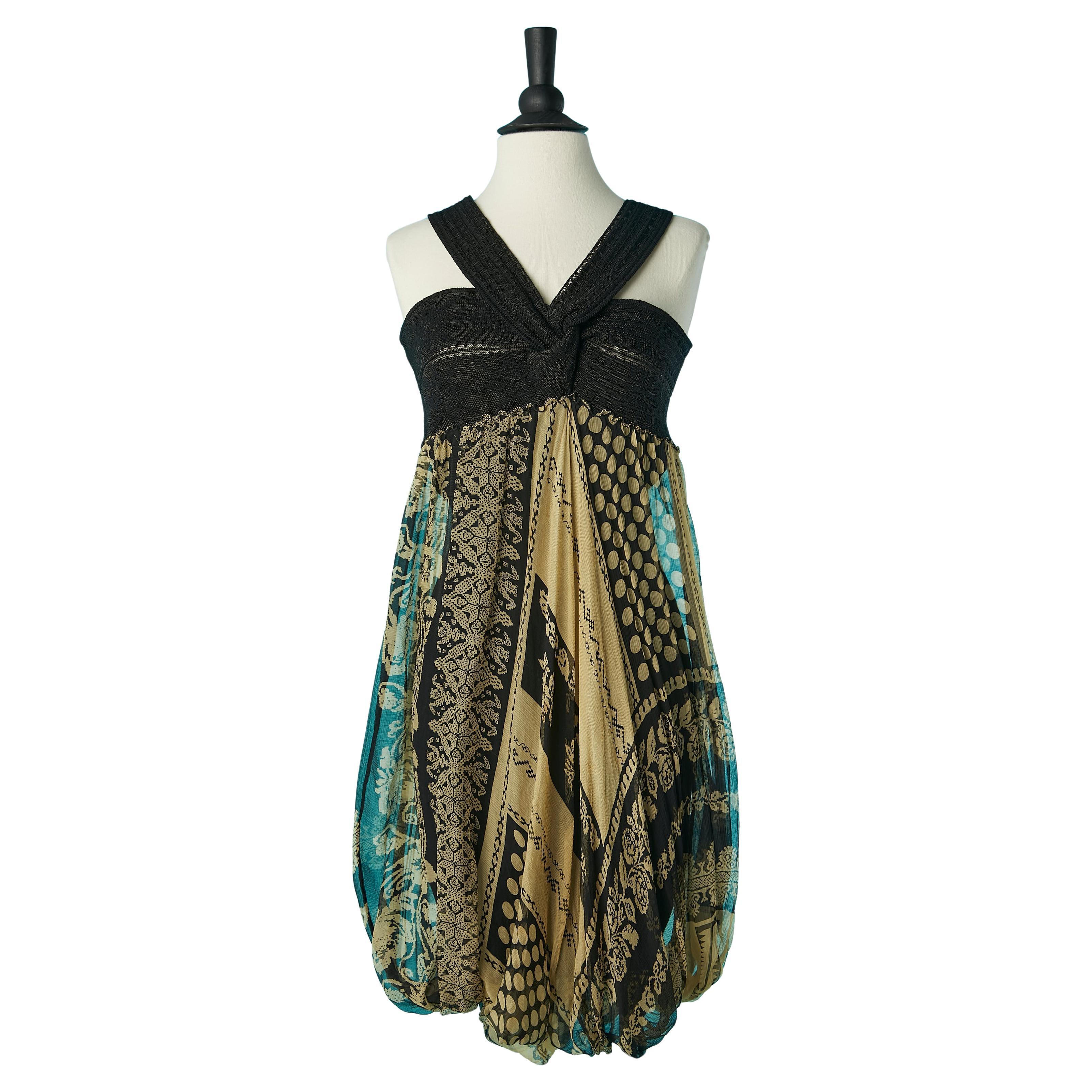Robe ballon en maille de soie noire et imprimée Jean-Paul Gaultier Maille