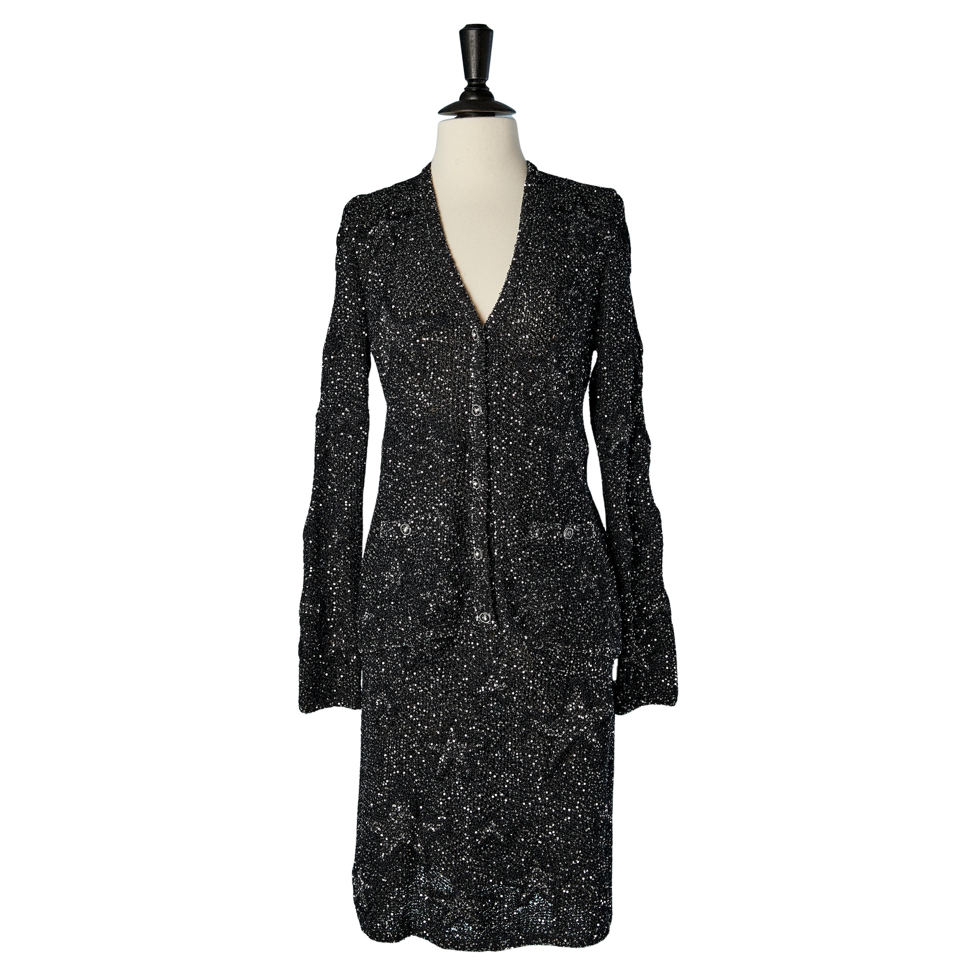 Abito con gonna in maglia nera e paillettes argento con motivo jacquard a stelle Chanel