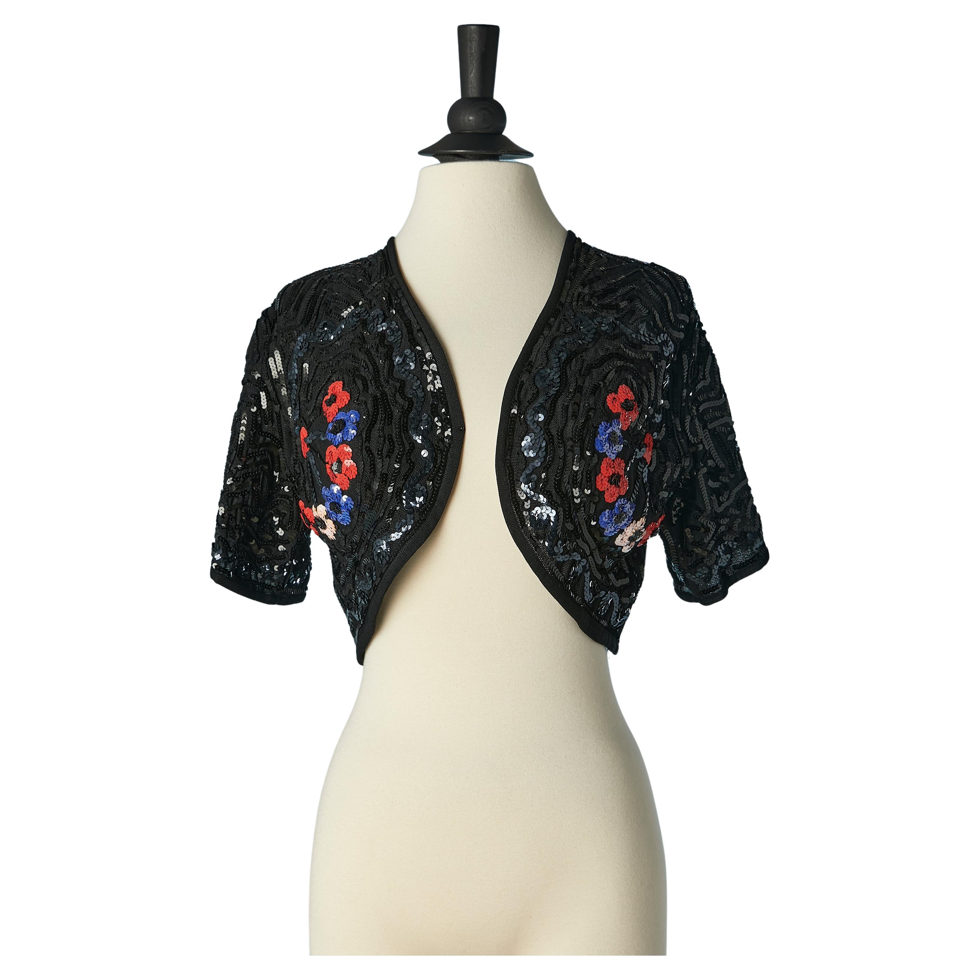 Black knit boléro with black sequin et flower sequins embroideries Sonia Rykiel For Sale