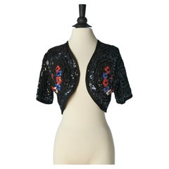 Used Black knit boléro with black sequin et flower sequins embroideries Sonia Rykiel 