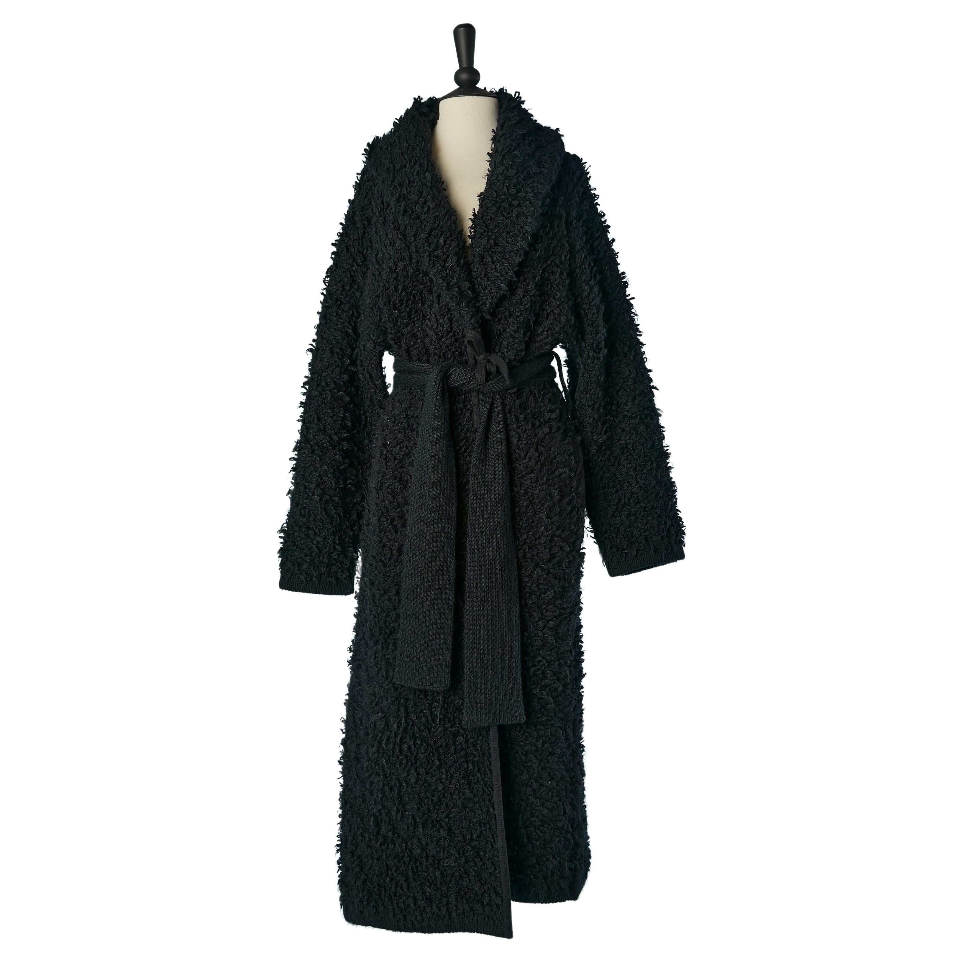 Black knit bouclette coat with knit belt Sonia Rykiel  For Sale