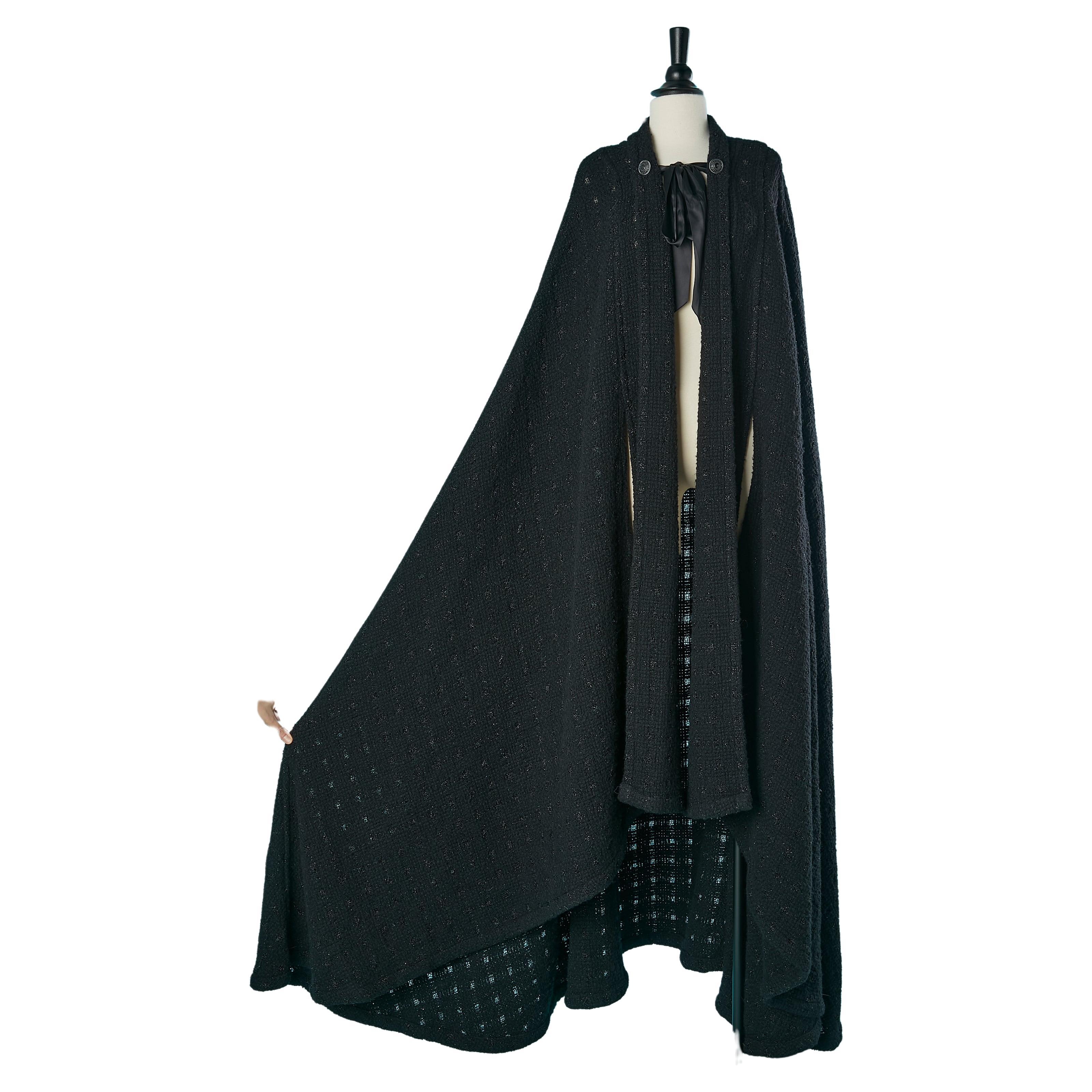 Black knit cape with black ribbon satin bow on the top front Chanel  For Sale