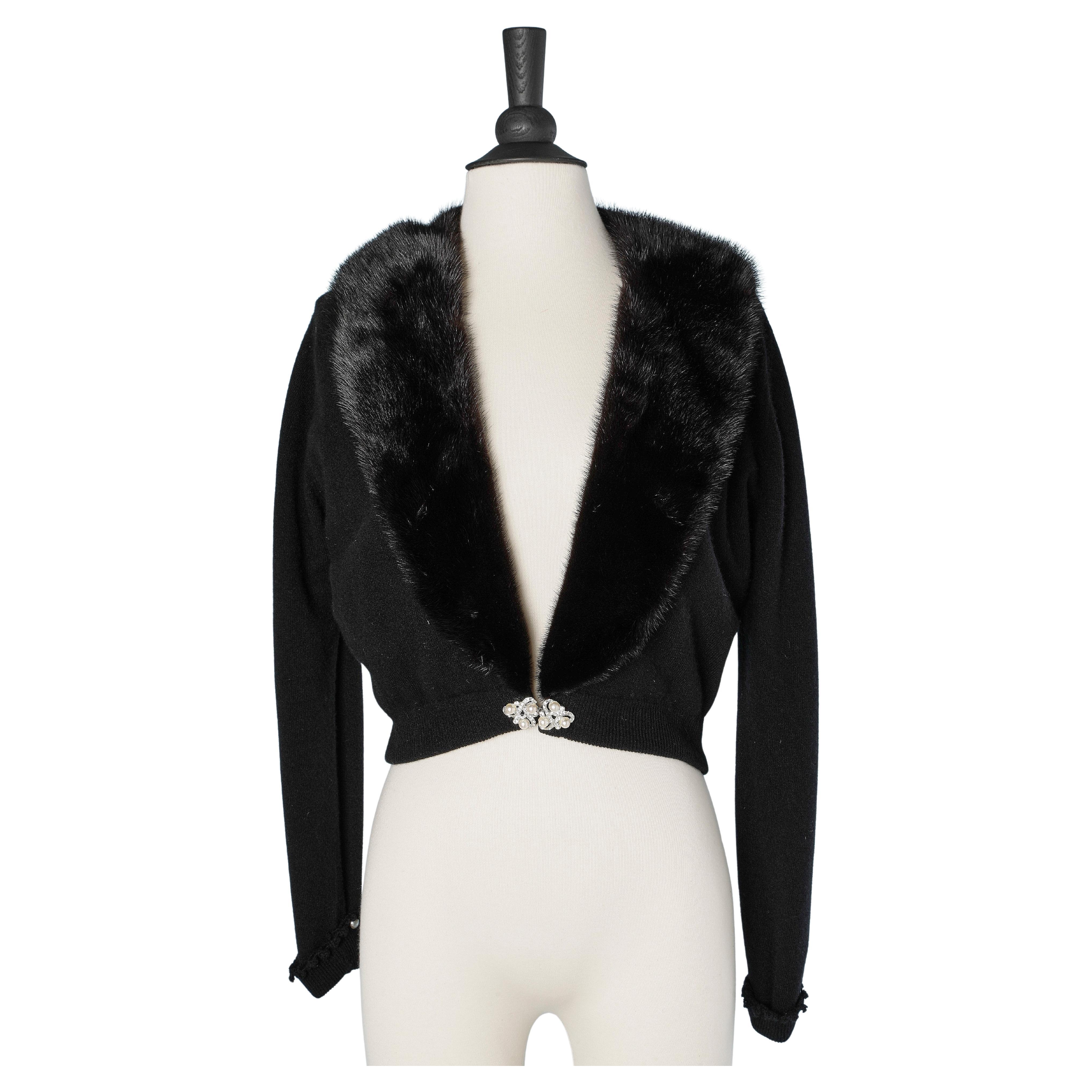 Black knit cardigan with mink collar Circa 1960's For Sale