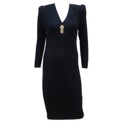 Black Knit Cocktail Dress With Rhinestone Brooch, C.1980