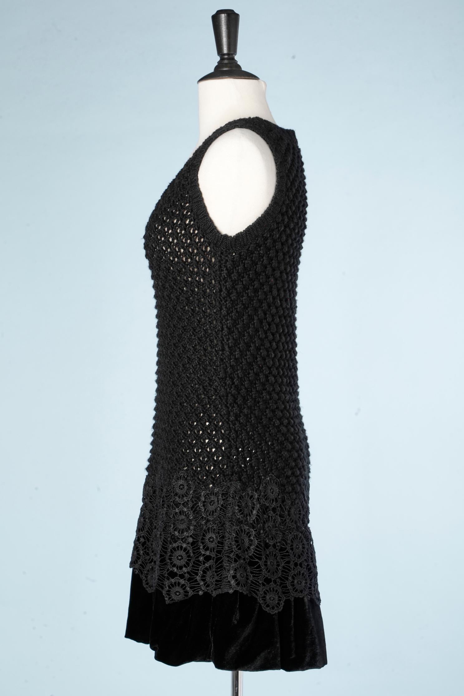Black knit dress with black lace and velvet Manoush Paris In Excellent Condition For Sale In Saint-Ouen-Sur-Seine, FR