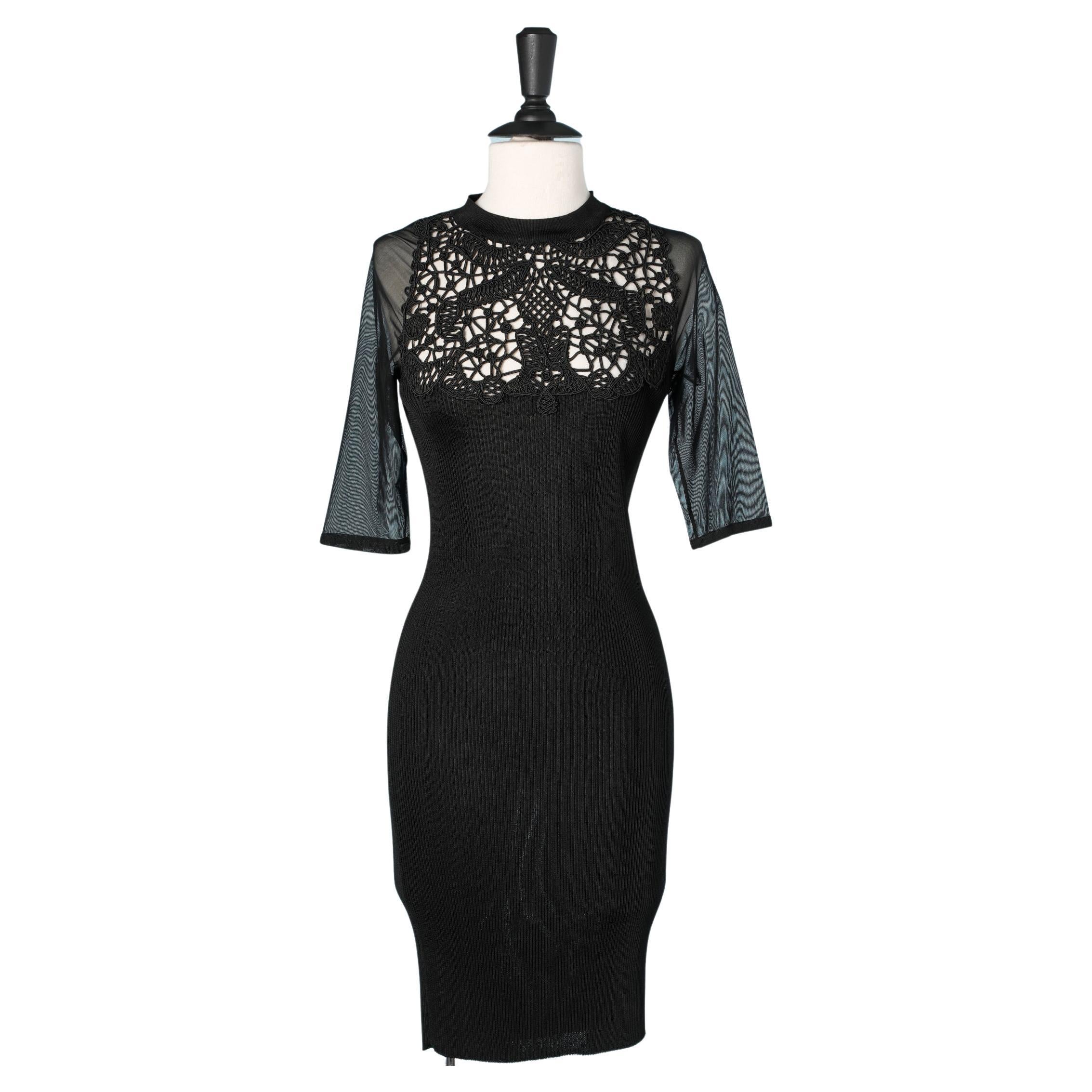 Black knit dress with passementerie lace on the cut off  Christian Lacroix  For Sale