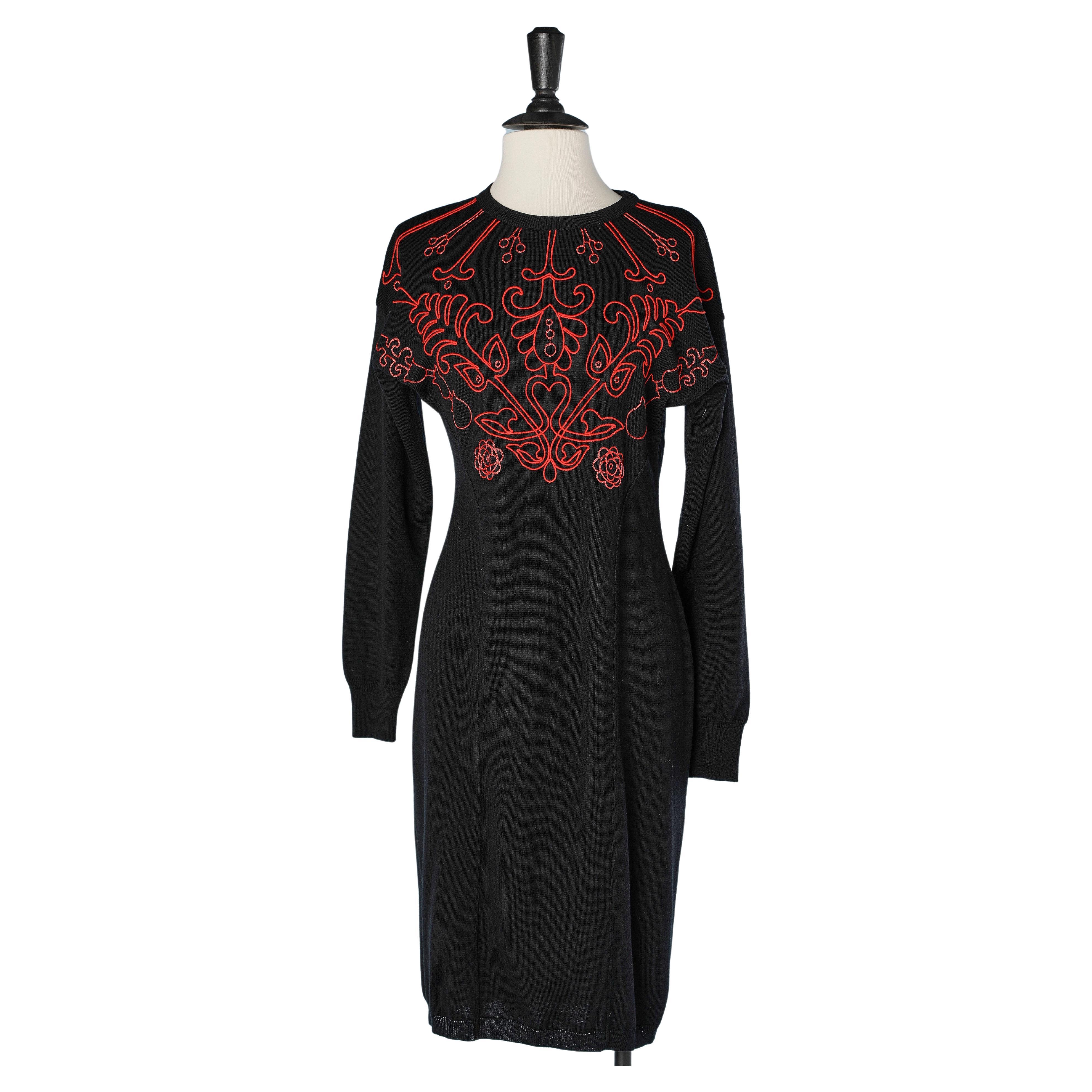 Black knit dress with red passementerie application Giani Versace  For Sale