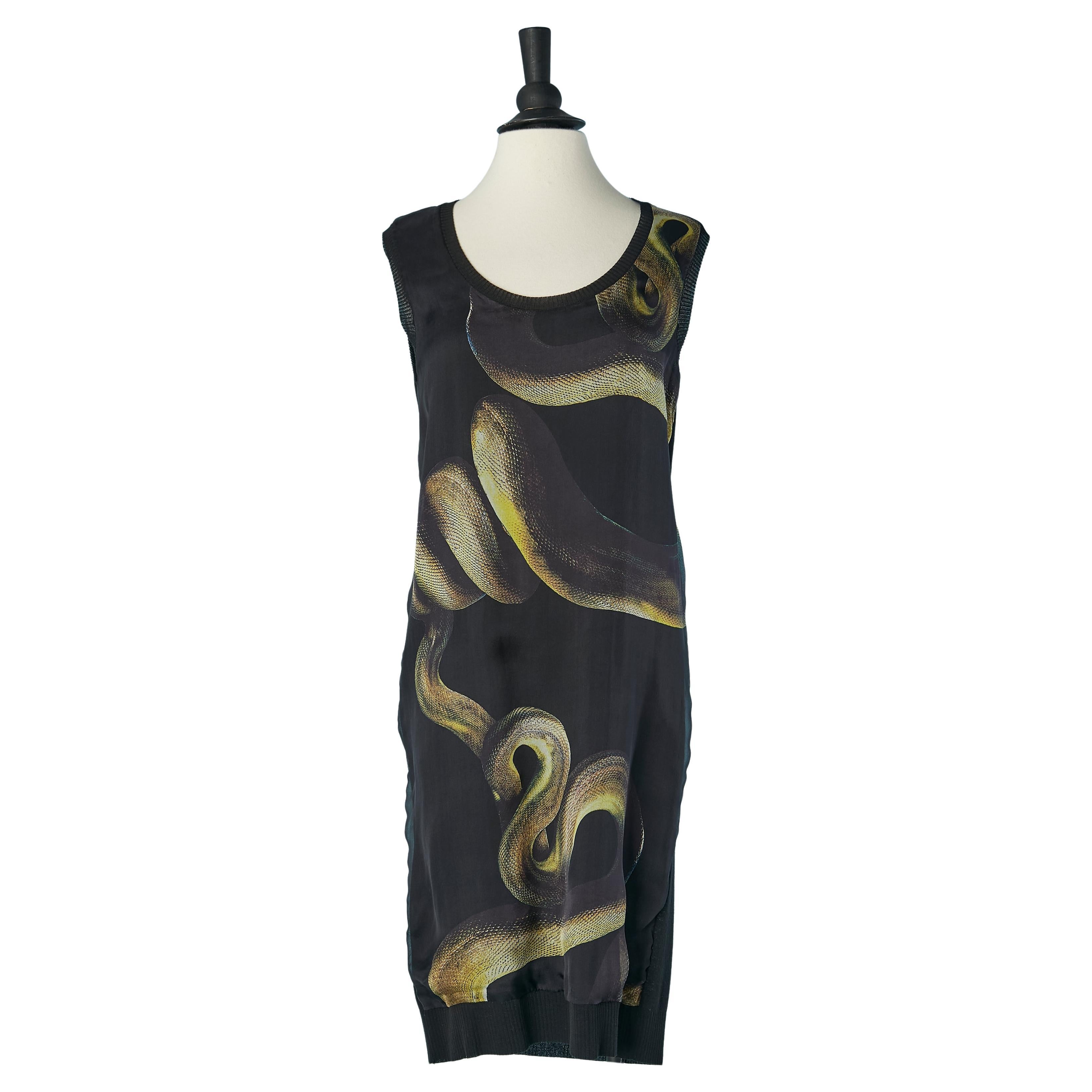 Black knit dress with silk double lay on the front with snake print LANVIN S2012 For Sale