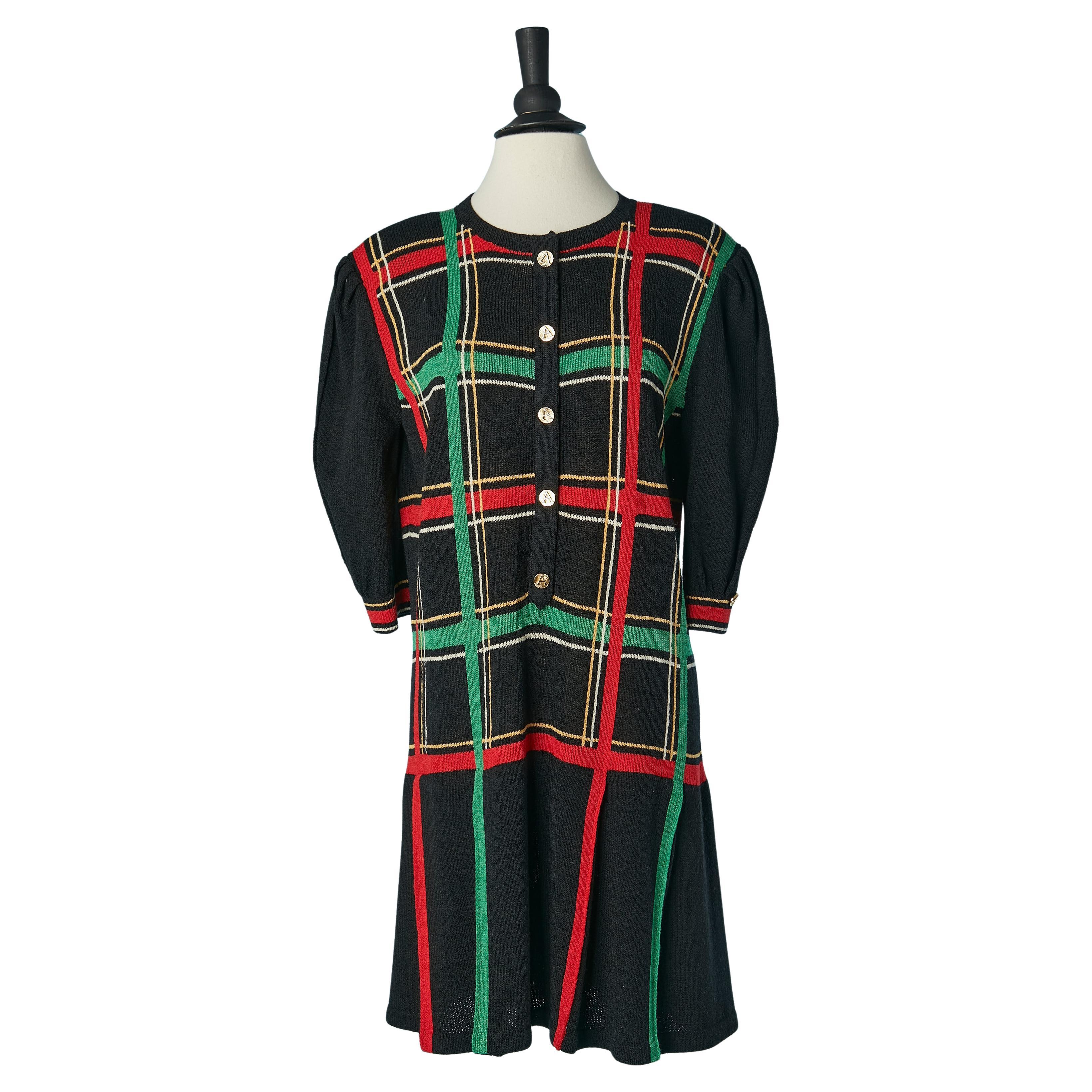Schwarzes Jacquard-Strickkleid aus Strick mit kariertem Muster ADOLFO bei Saks Fifth Avenue im Angebot