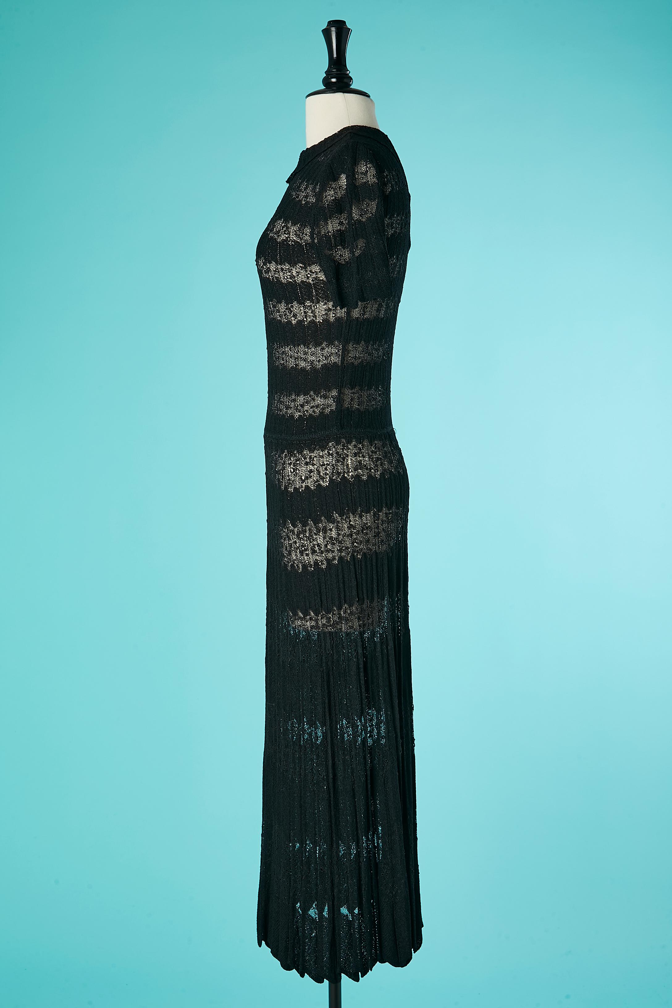 Women's Black knit pleated lace see-through cocktail dress with collar Circa 1930 For Sale