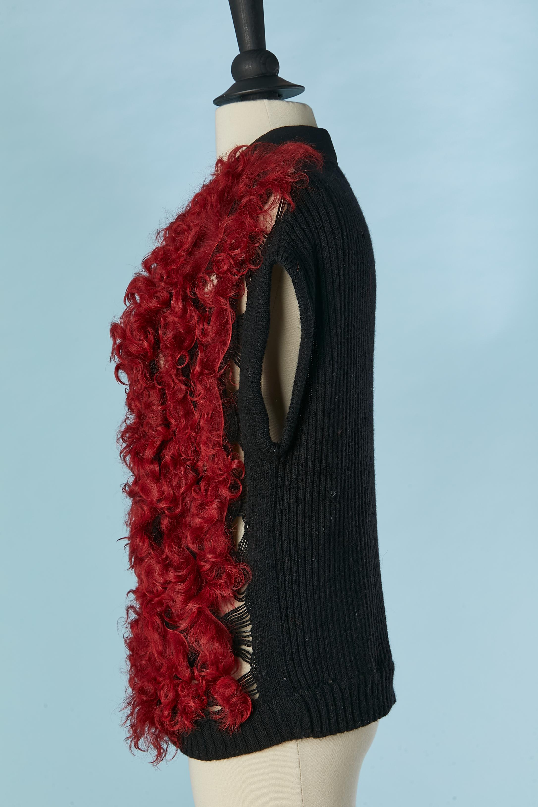 Women's Black knit sleeveless vest with red curly furs appliqué Paolo Errico 